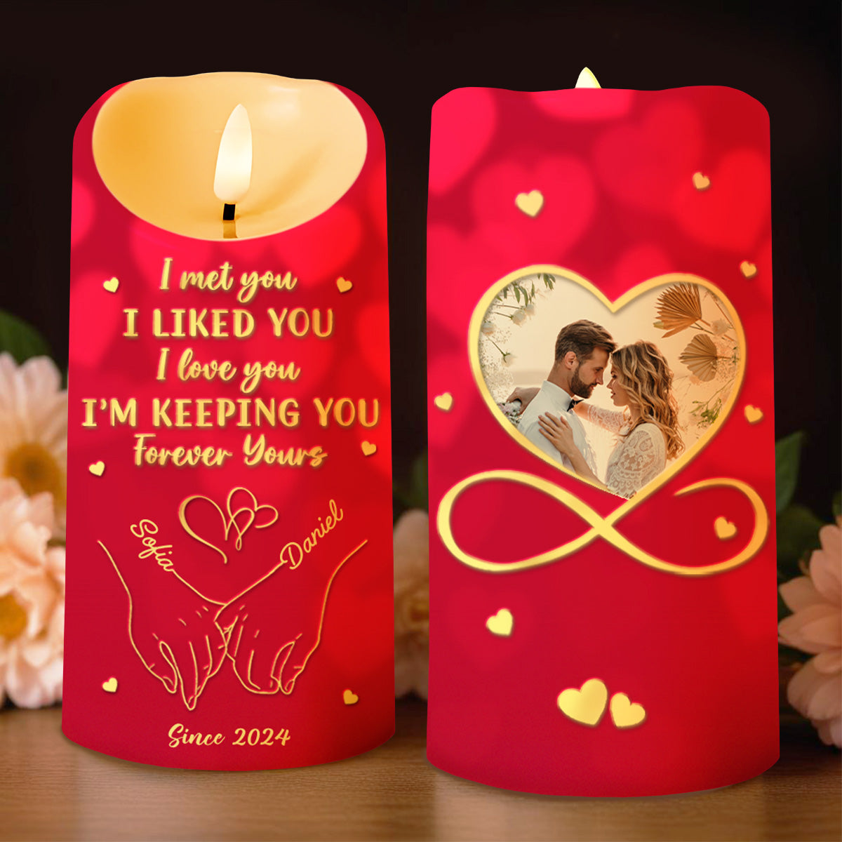 I Met You, I Liked You, Forever Yours Love Symbol Design - Personalized Custom LED Candle - CPL084_LECA