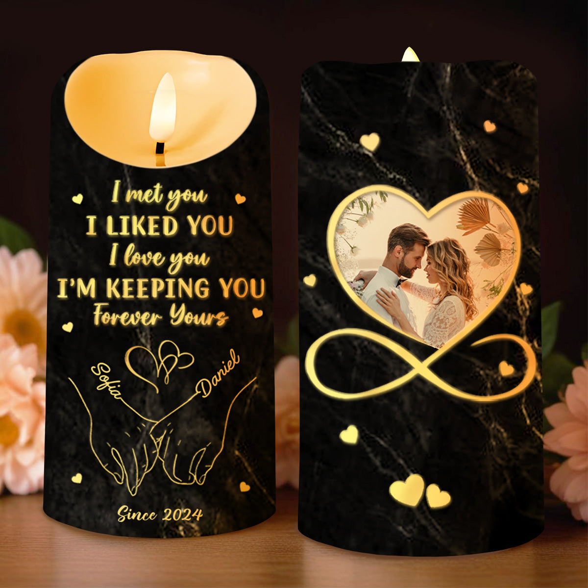 I Met You, I Liked You, Forever Yours Love Symbol Design - Personalized Custom LED Candle - CPL084_LECA