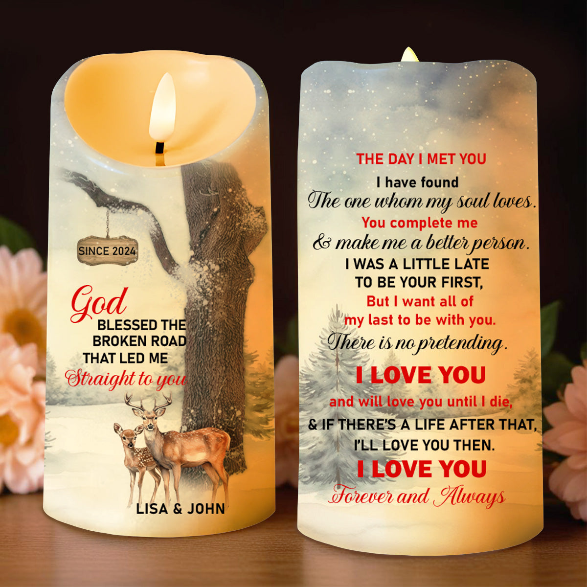 God Blessed Road Love Forever Deer and Tree Design - Personalized Custom LED Candle - CPL089_LECA