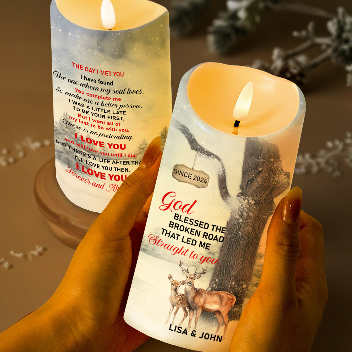 God Blessed Road Love Forever Deer and Tree Design - Personalized Custom LED Candle - CPL089_LECA