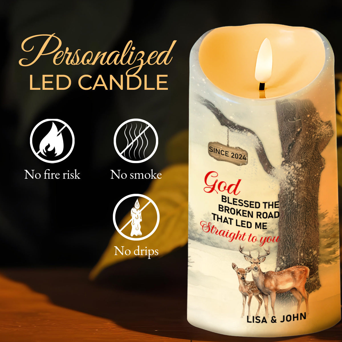 God Blessed Road Love Forever Deer and Tree Design - Personalized Custom LED Candle - CPL089_LECA