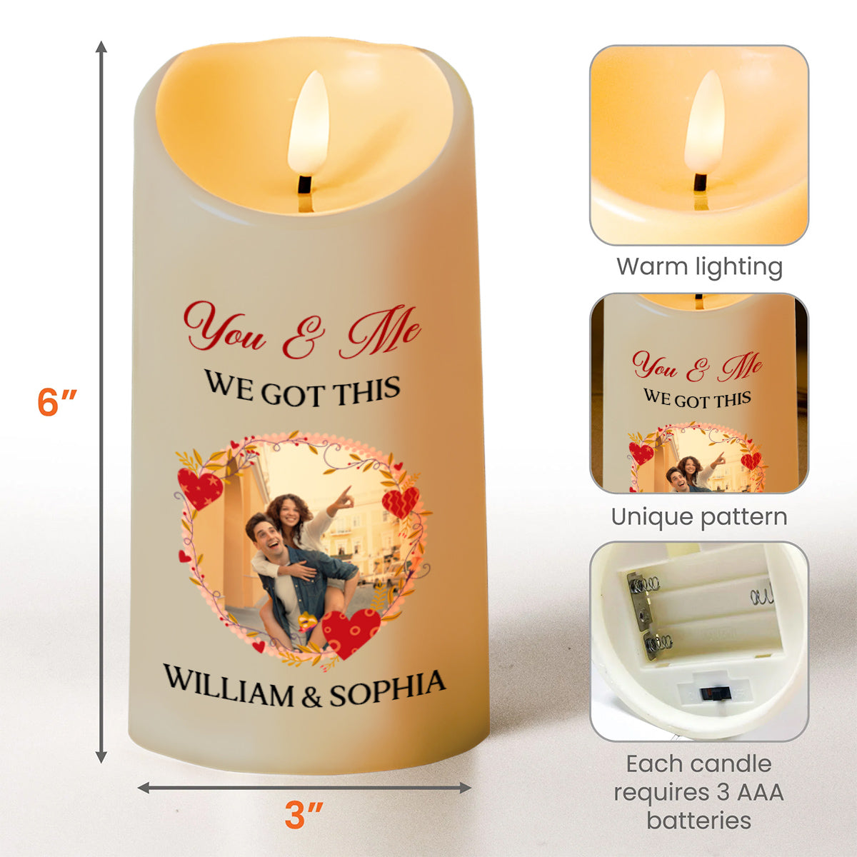 You & Me Forever Romantic Heart and Flowers - Personalized Custom LED Candle - CPL092_LECA