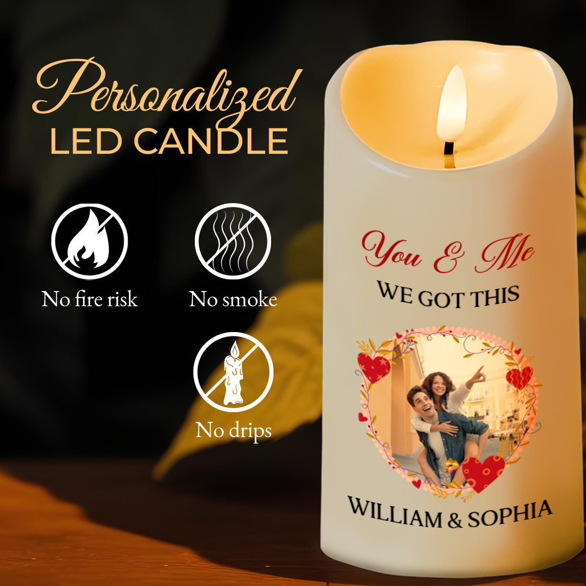 You & Me Forever Romantic Heart and Flowers - Personalized Custom LED Candle - CPL092_LECA