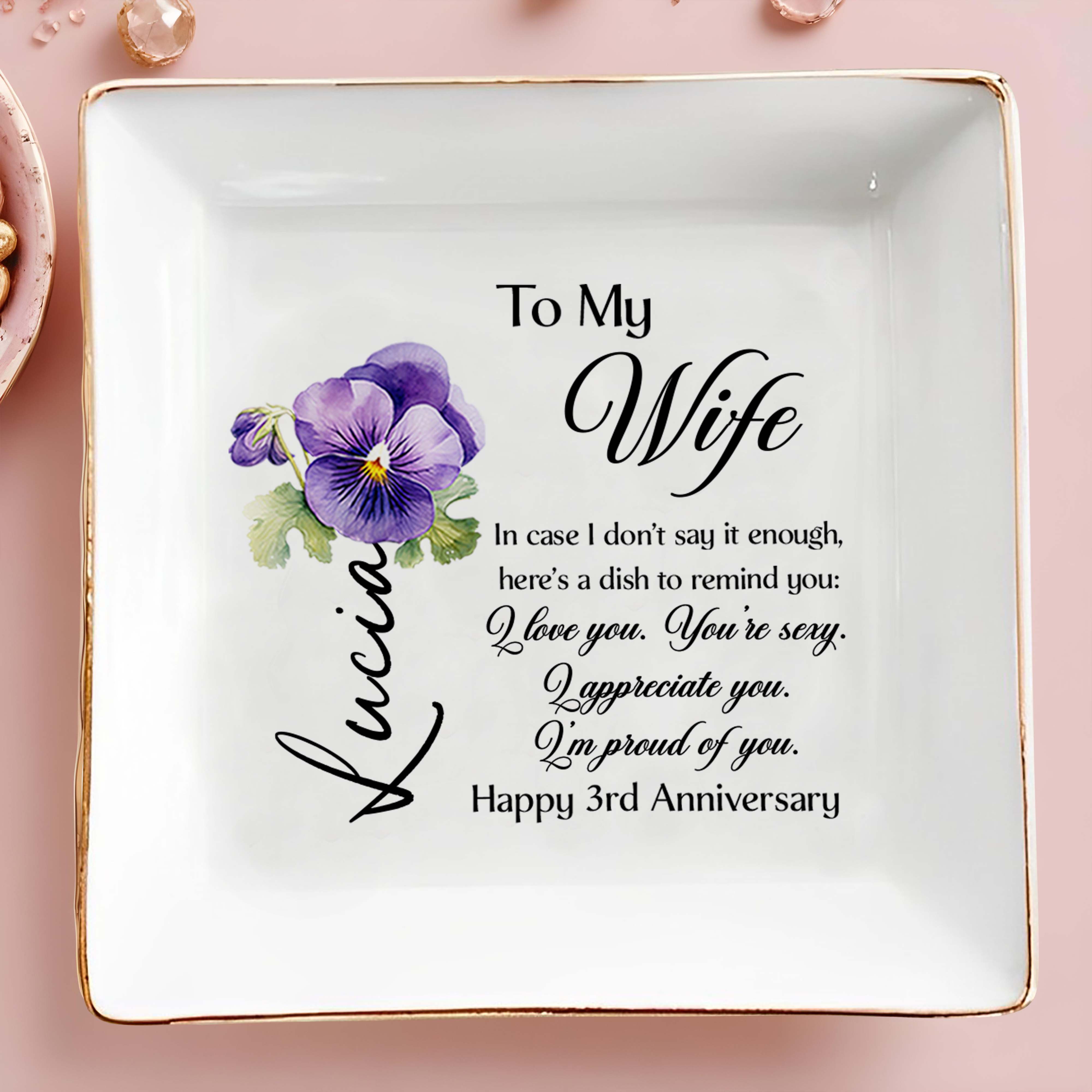 To My Wife Love And Appreciation With Violet Flowers - Personalized Custom Jewelry Dish - CPL100_SCRD