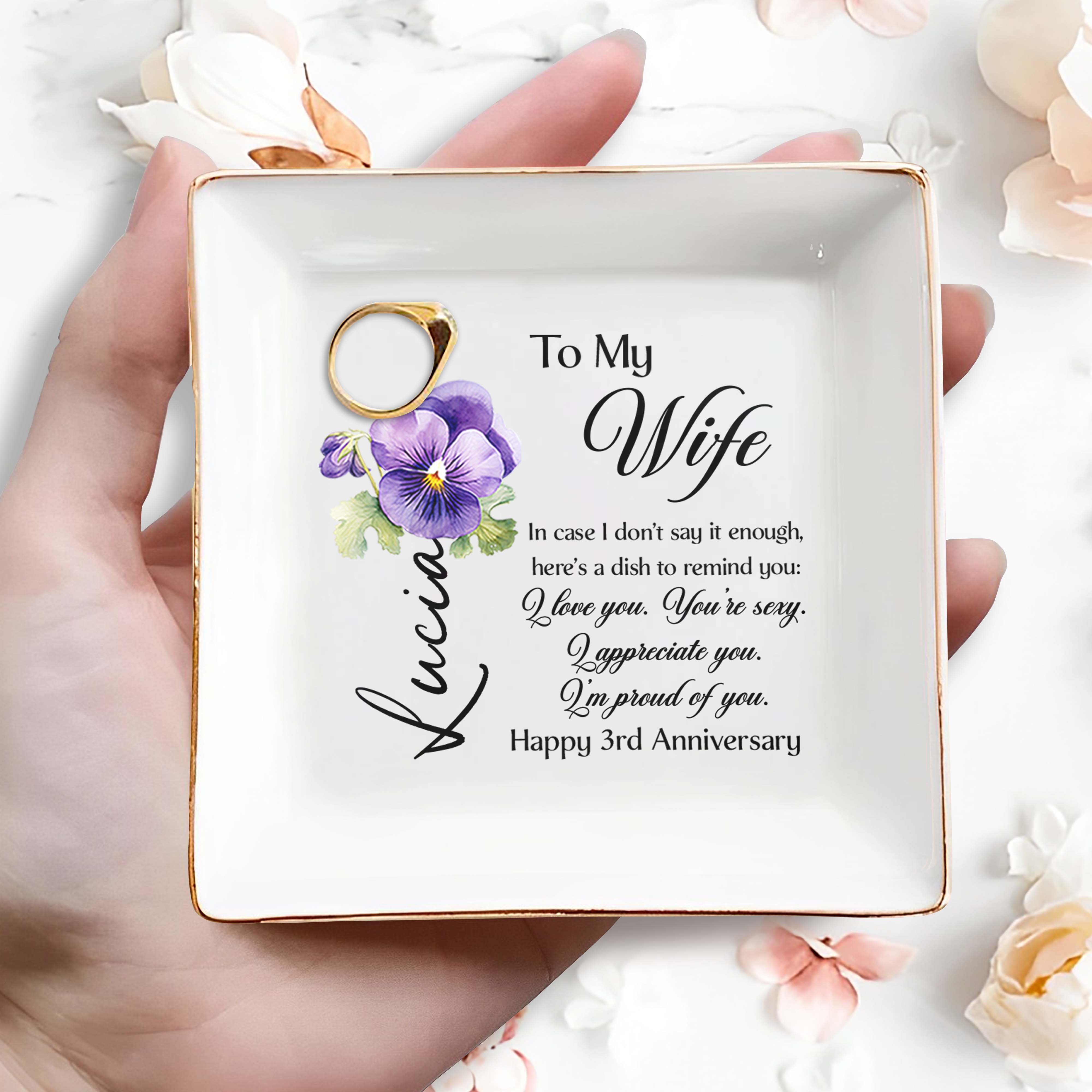 To My Wife Love And Appreciation With Violet Flowers - Personalized Custom Jewelry Dish - CPL100_SCRD
