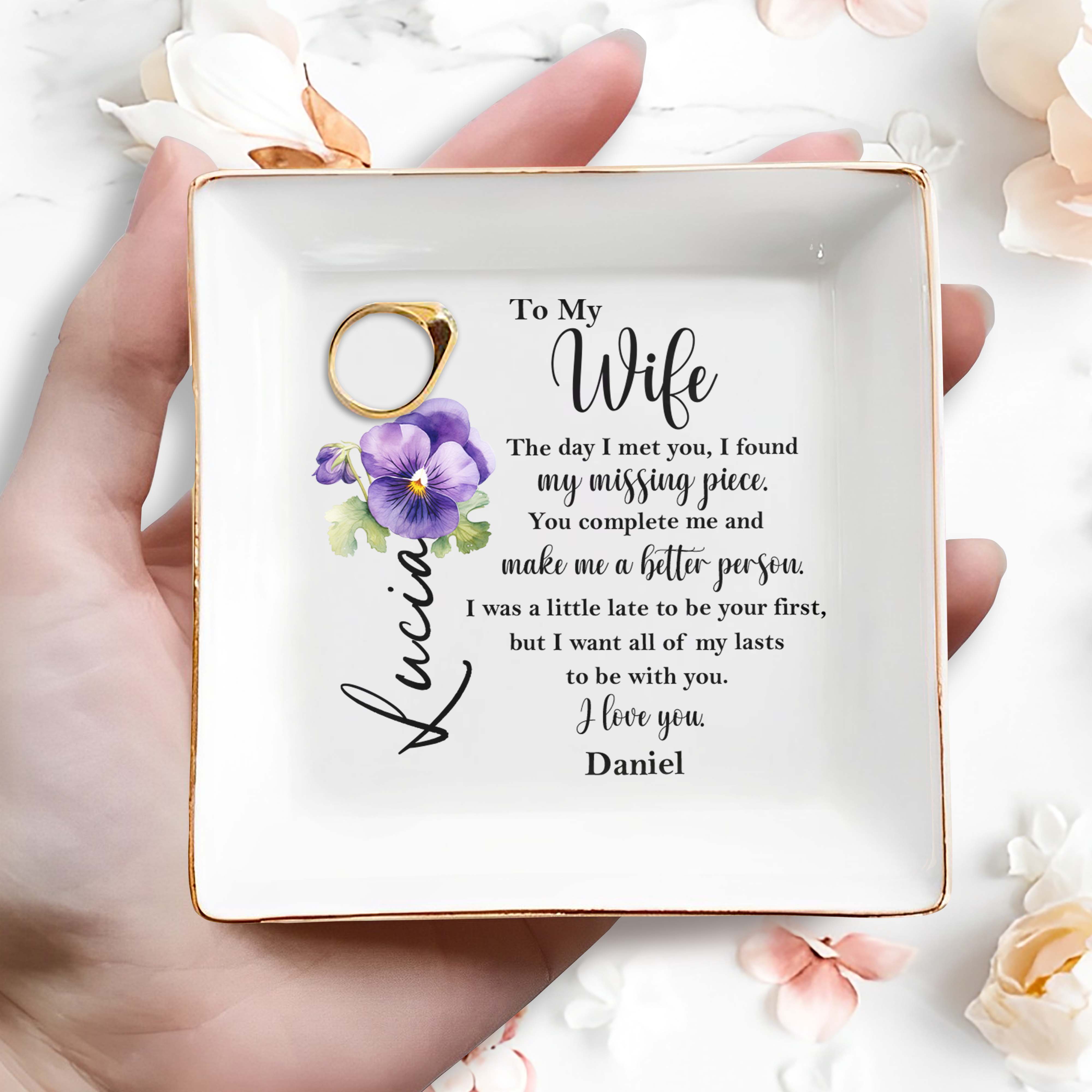 To My Wife, Missing Piece, Pansy Flower Love Message - Personalized Custom Jewelry Dish - CPL102_SCRD