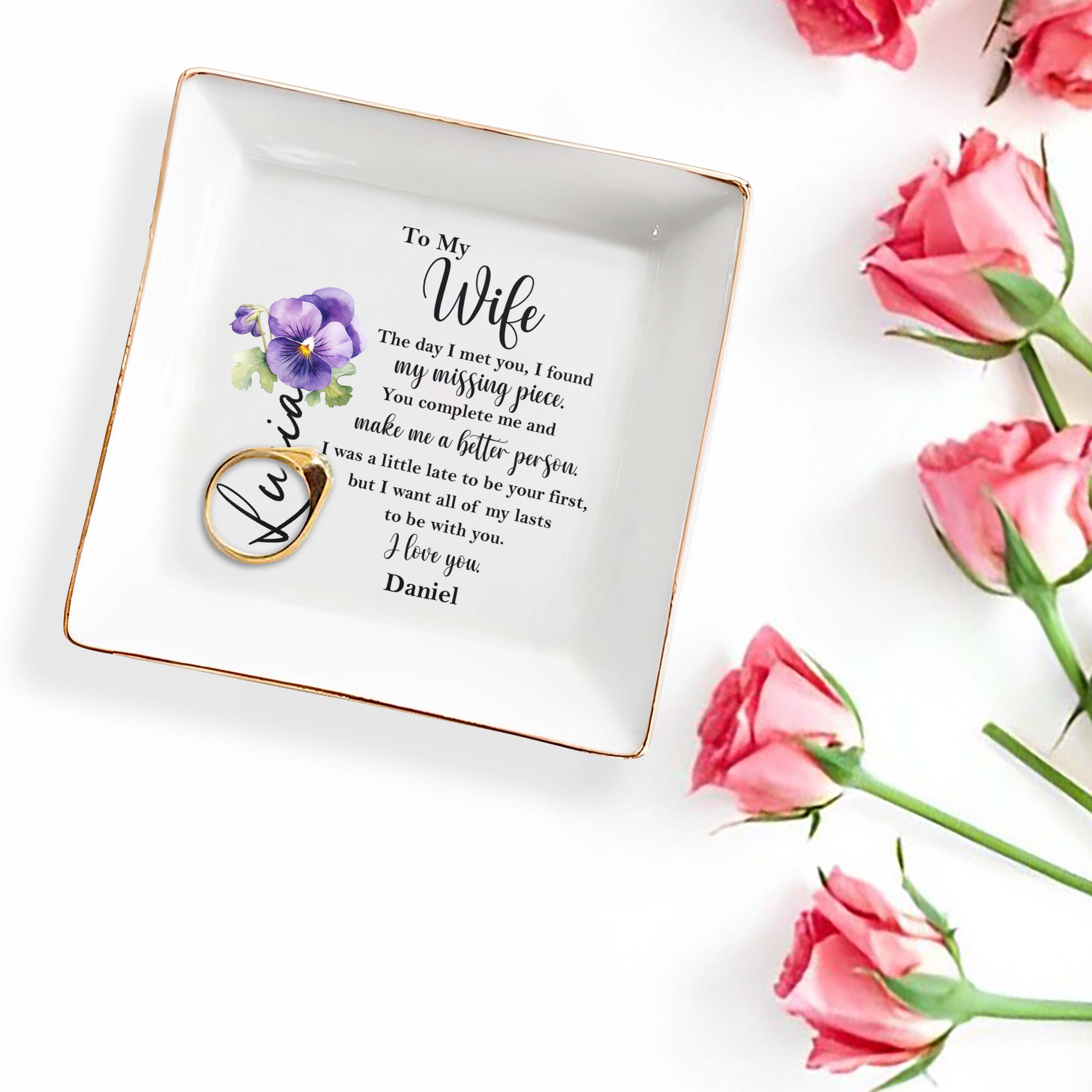 To My Wife, Missing Piece, Pansy Flower Love Message - Personalized Custom Jewelry Dish - CPL102_SCRD