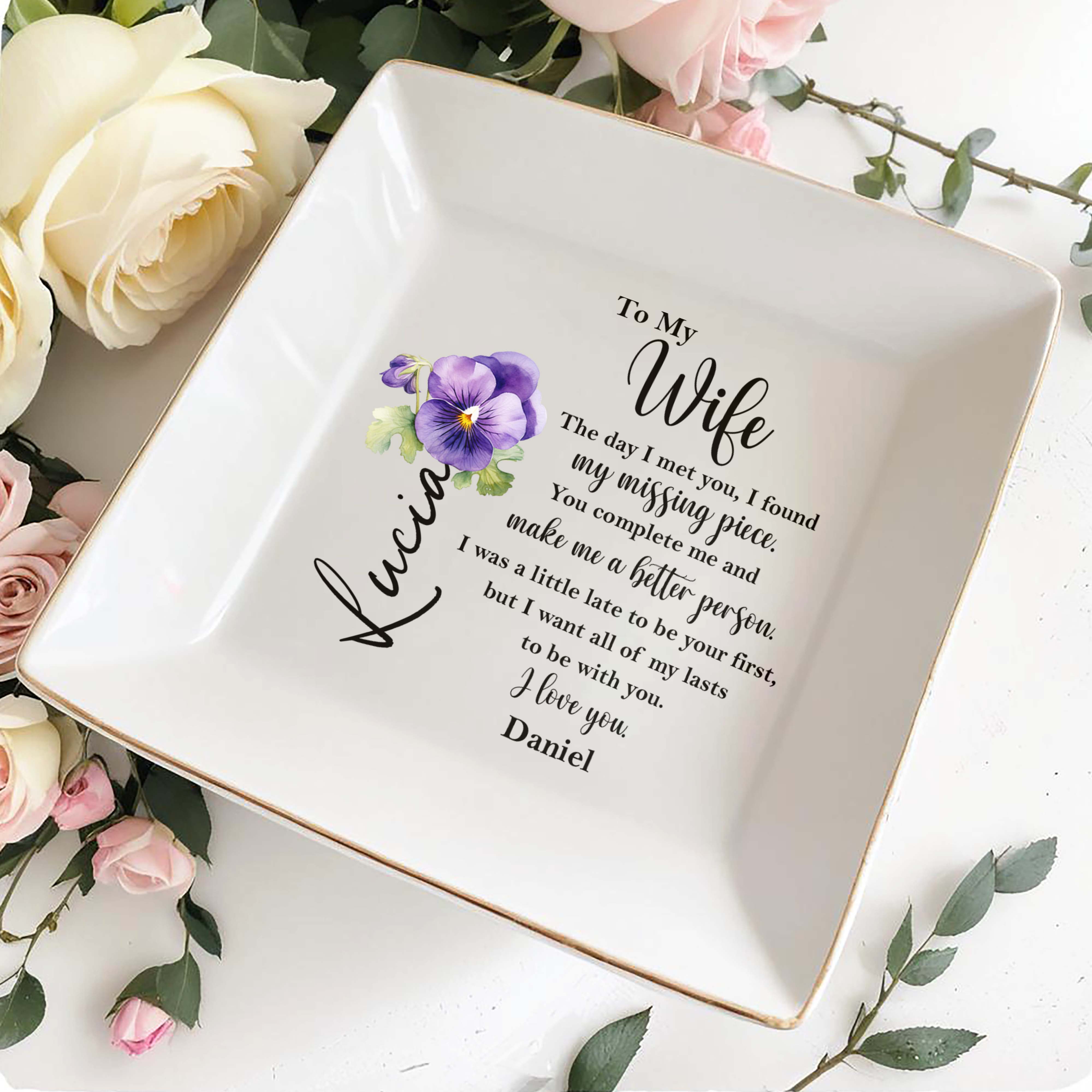 To My Wife, Missing Piece, Pansy Flower Love Message - Personalized Custom Jewelry Dish - CPL102_SCRD