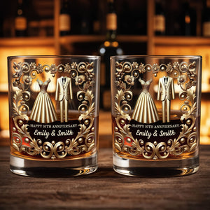 Celebrate Special Milestone, Wedding Dress And Suit - Personalized Custom Whiskey Glass - CPL1099_RWG
