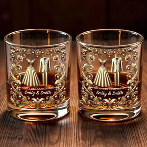 Celebrate Special Milestone, Wedding Dress And Suit - Personalized Custom Whiskey Glass - CPL1099_RWG