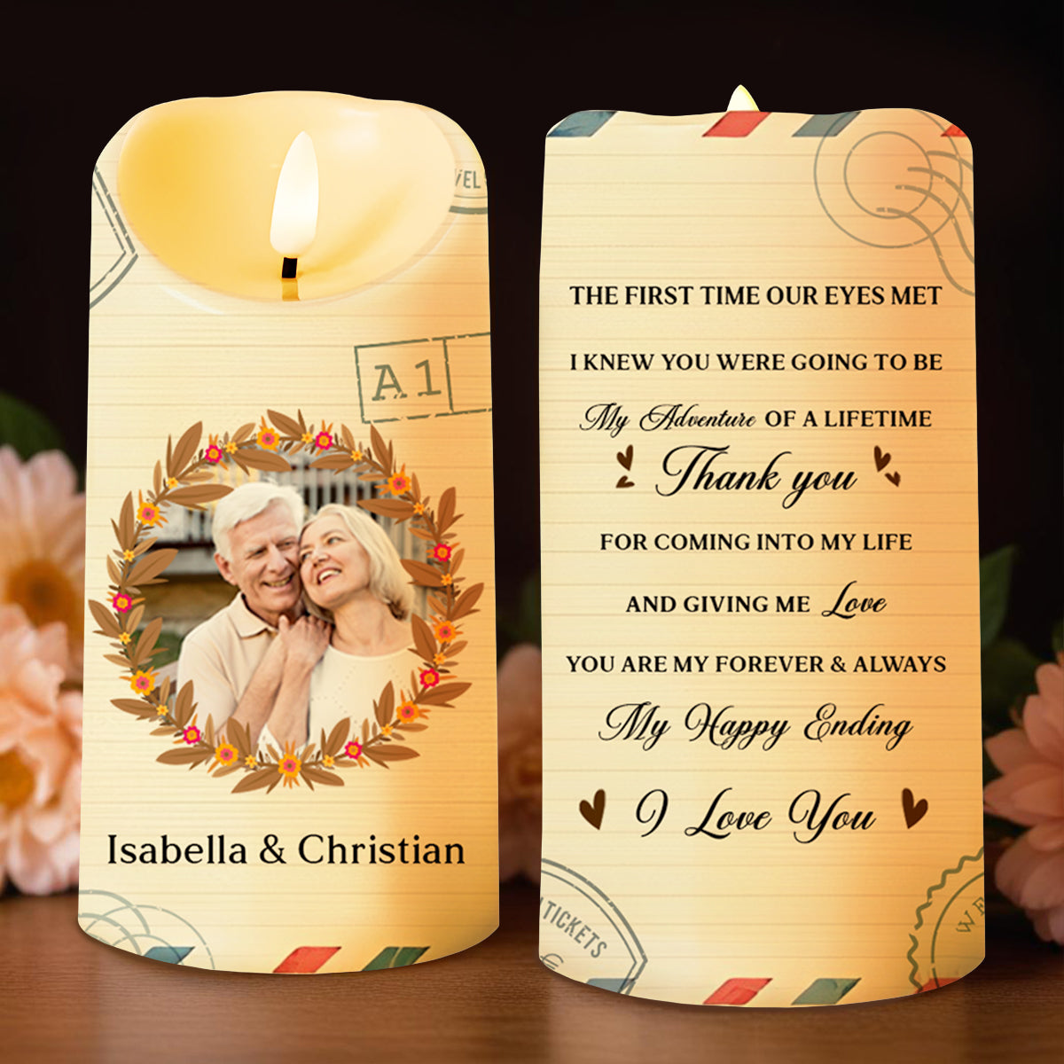 Forever Love and Adventure With Flowers and Passports - Personalized Custom LED Candle - CPL109_LECA