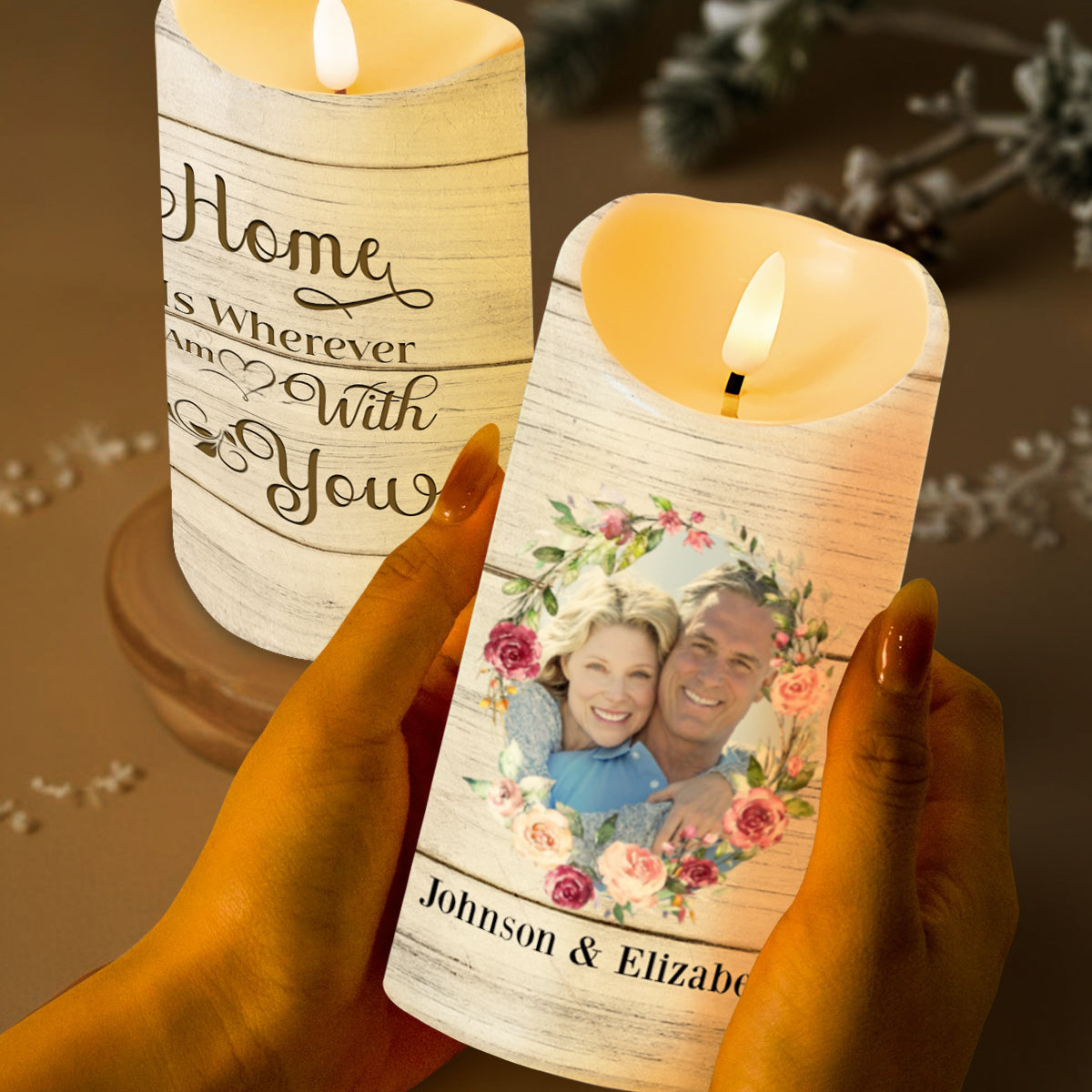 Home Is Wherever I Am With You, Flowers And Hearts Design - Personalized Custom LED Candle - CPL110_LECA