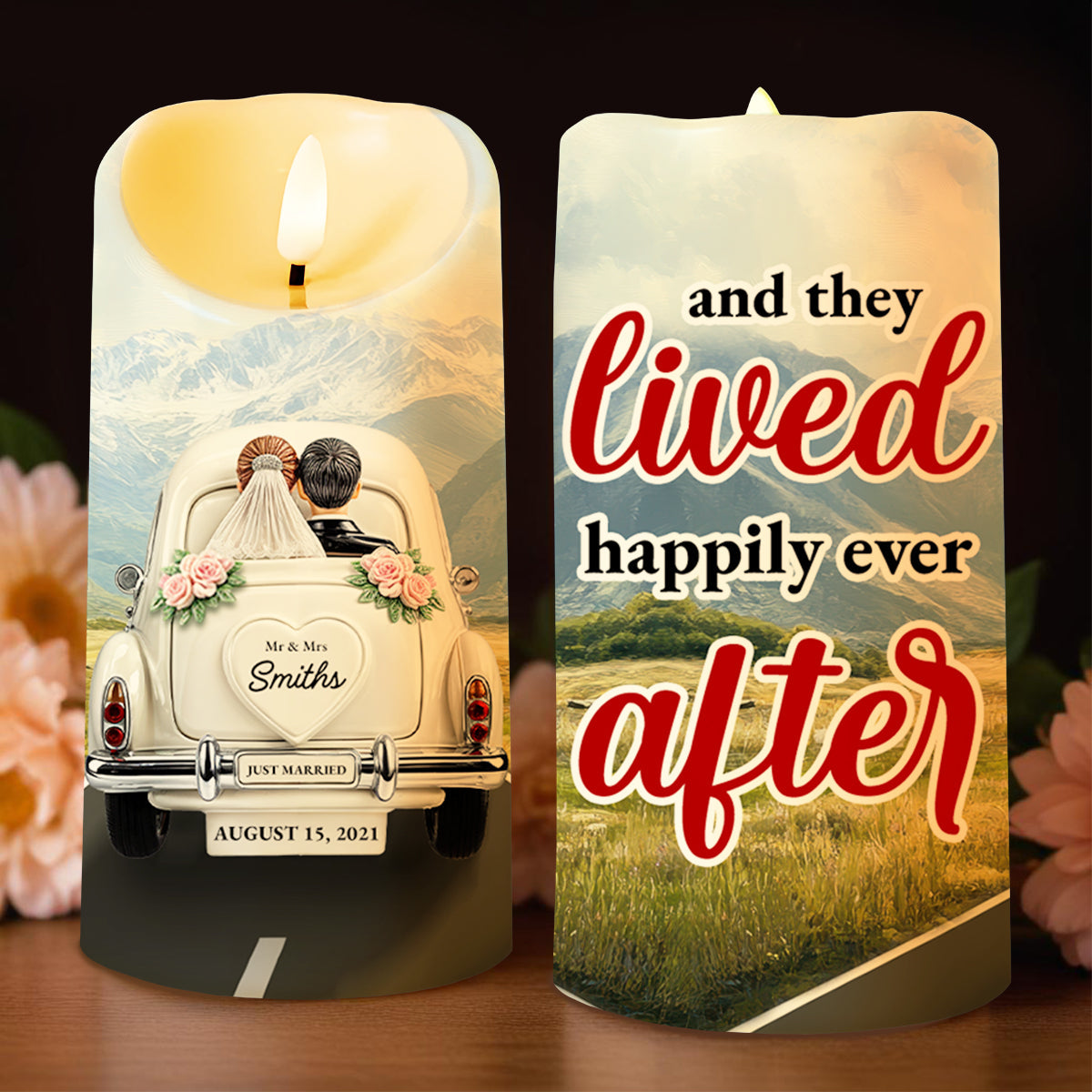 Lived Happily Ever After Vintage Car Design - Personalized Custom LED Candle - CPL114_LECA