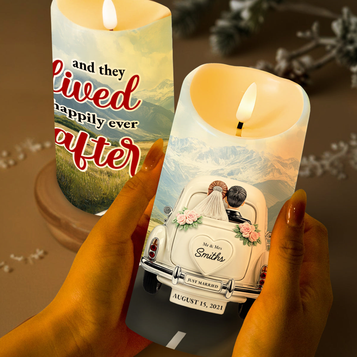 Lived Happily Ever After Vintage Car Design - Personalized Custom LED Candle - CPL114_LECA