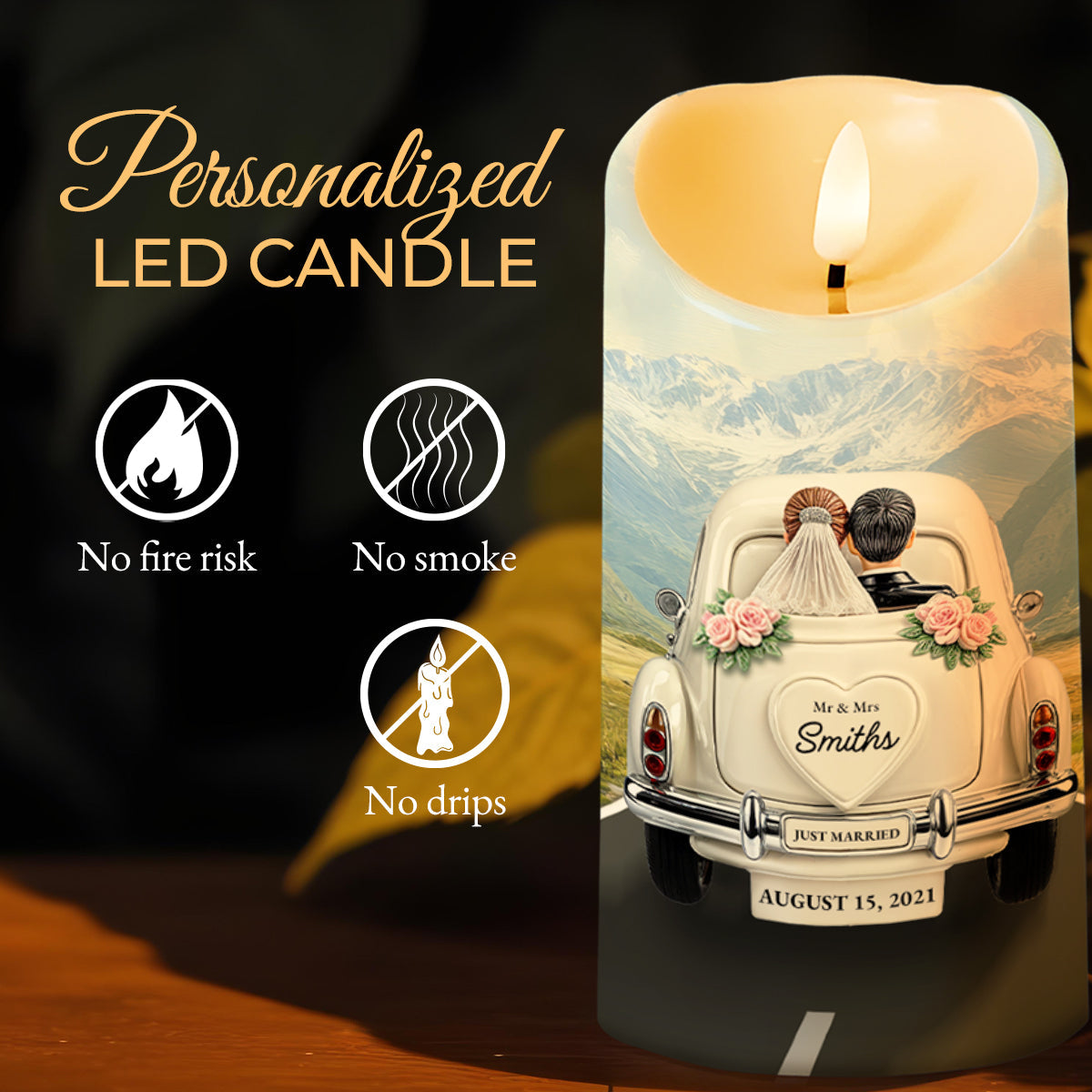 Lived Happily Ever After Vintage Car Design - Personalized Custom LED Candle - CPL114_LECA