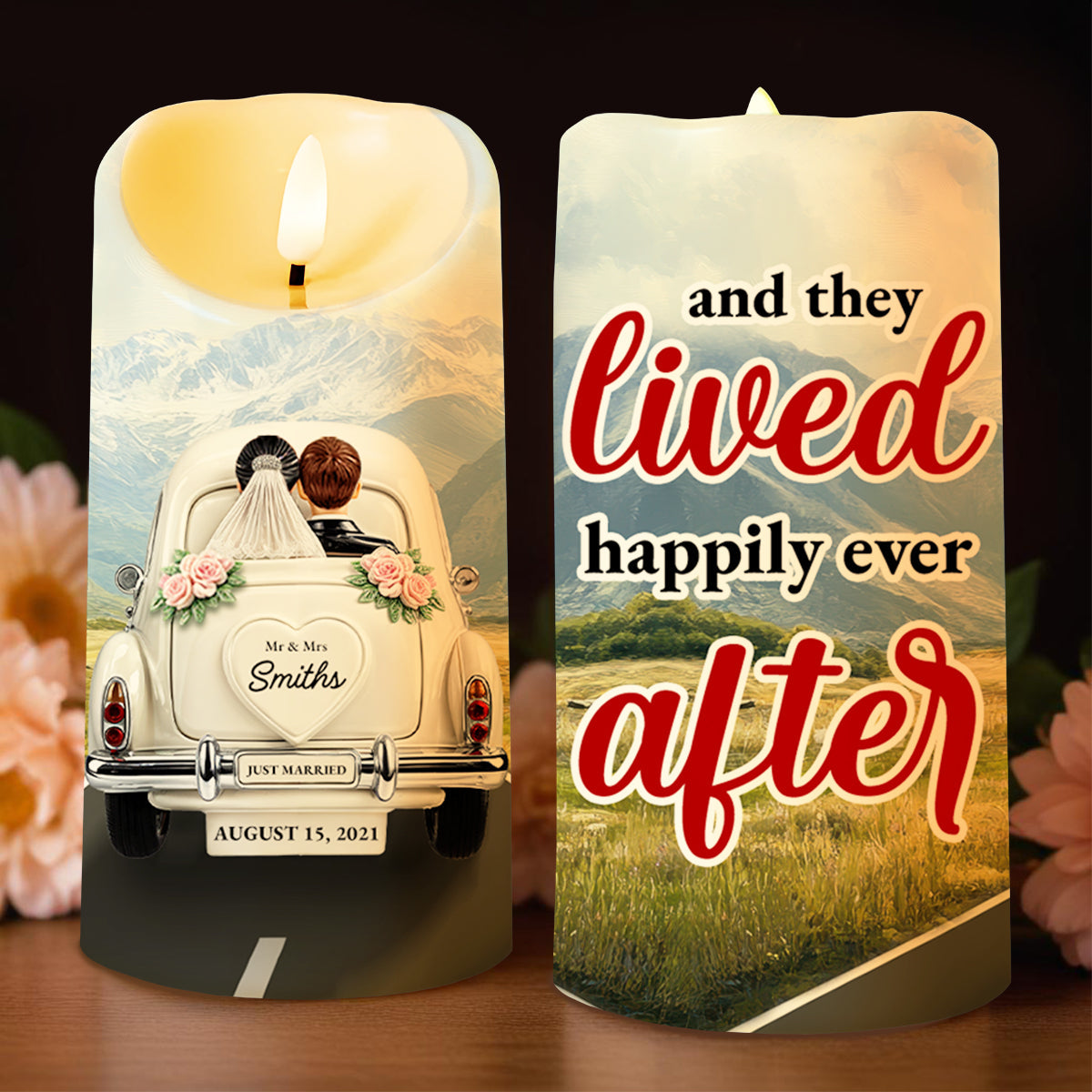 Lived Happily Ever After Vintage Car Design - Personalized Custom LED Candle - CPL114_LECA