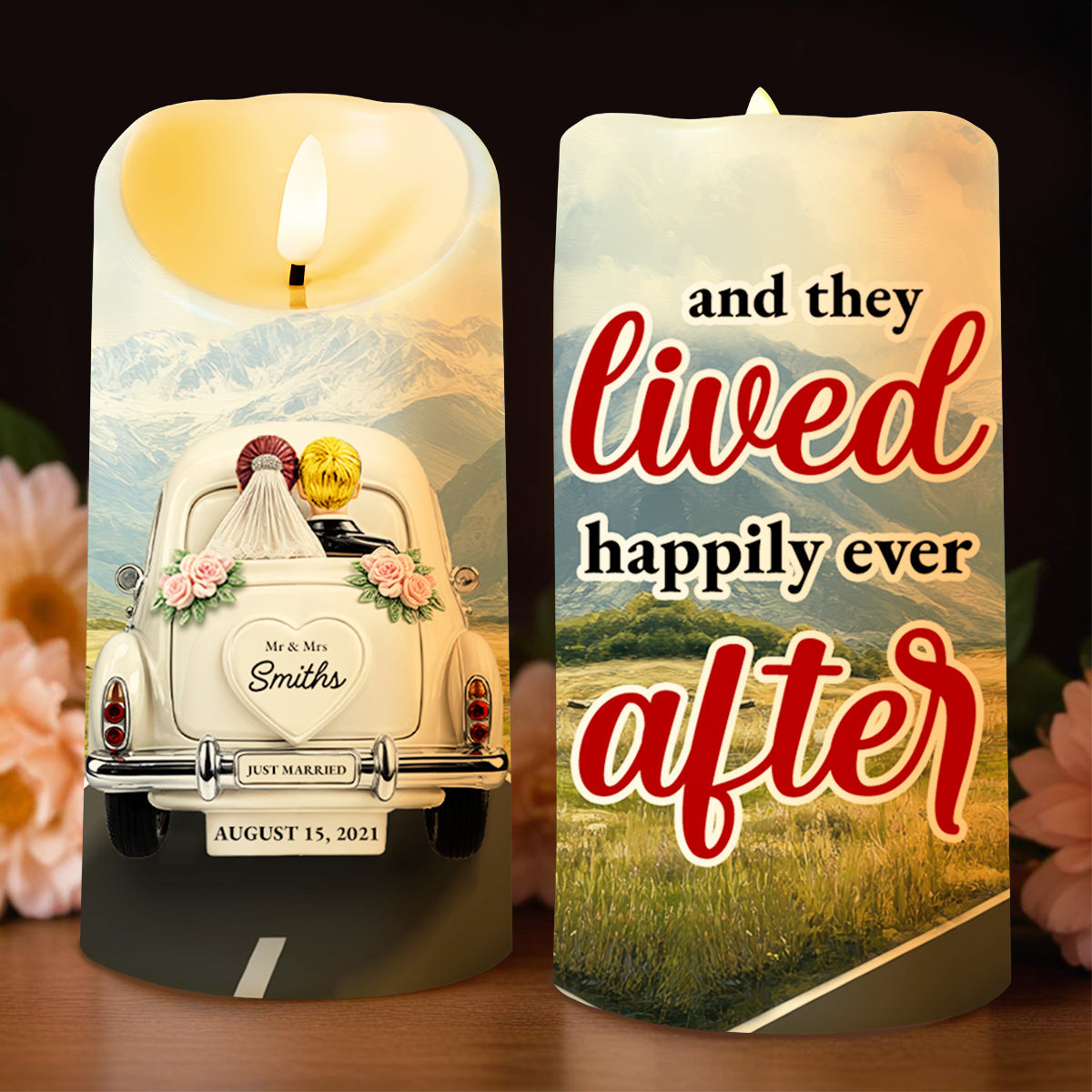 Lived Happily Ever After Vintage Car Design - Personalized Custom LED Candle - CPL114_LECA