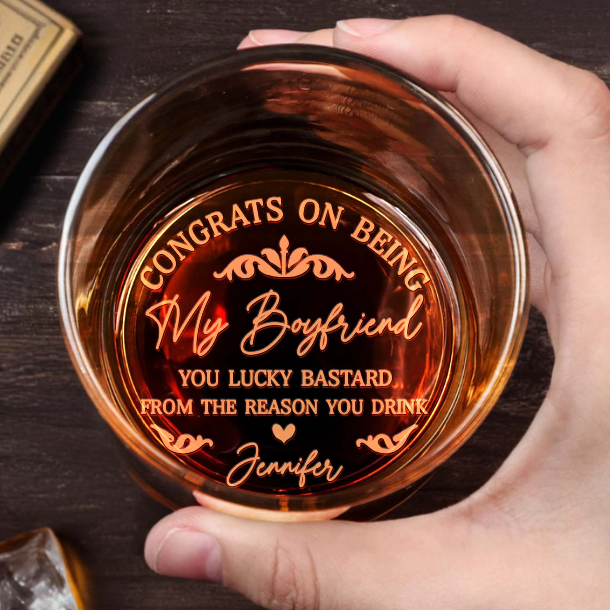 Congrats On Being My Boyfriend With Hearts - Personalized Engraved Whiskey Glass - CPL1183_EWG