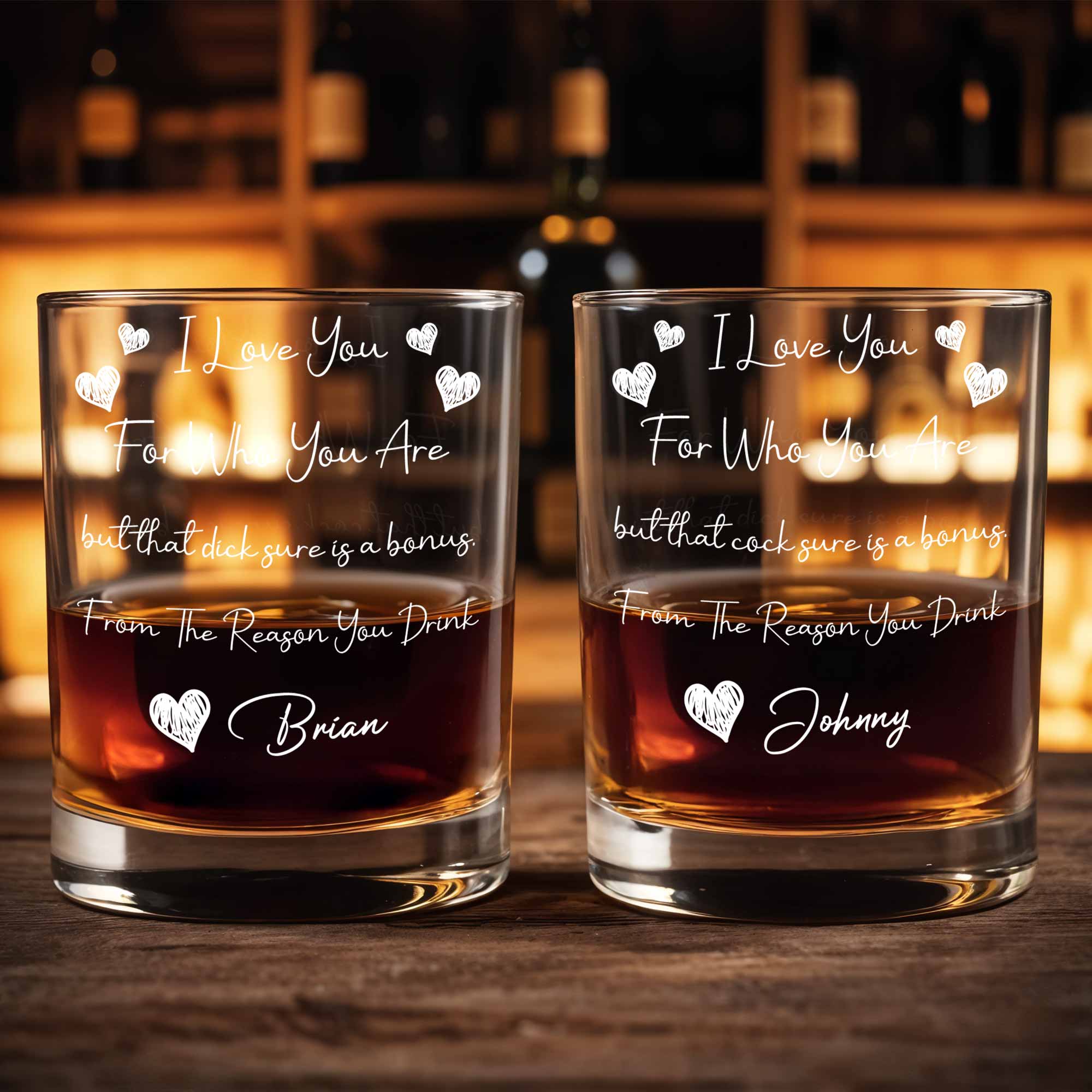 I Love You For Who You Are, Hearts And Rooster - Personalized Custom Whiskey Glass - CPL1185_RWG