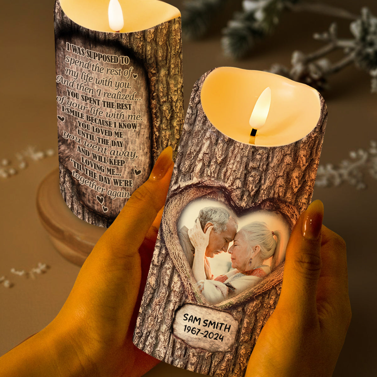 Forever Loving You, Heart Shape and Tree Bark Texture Design - Personalized Custom LED Candle - CPL122_LECA