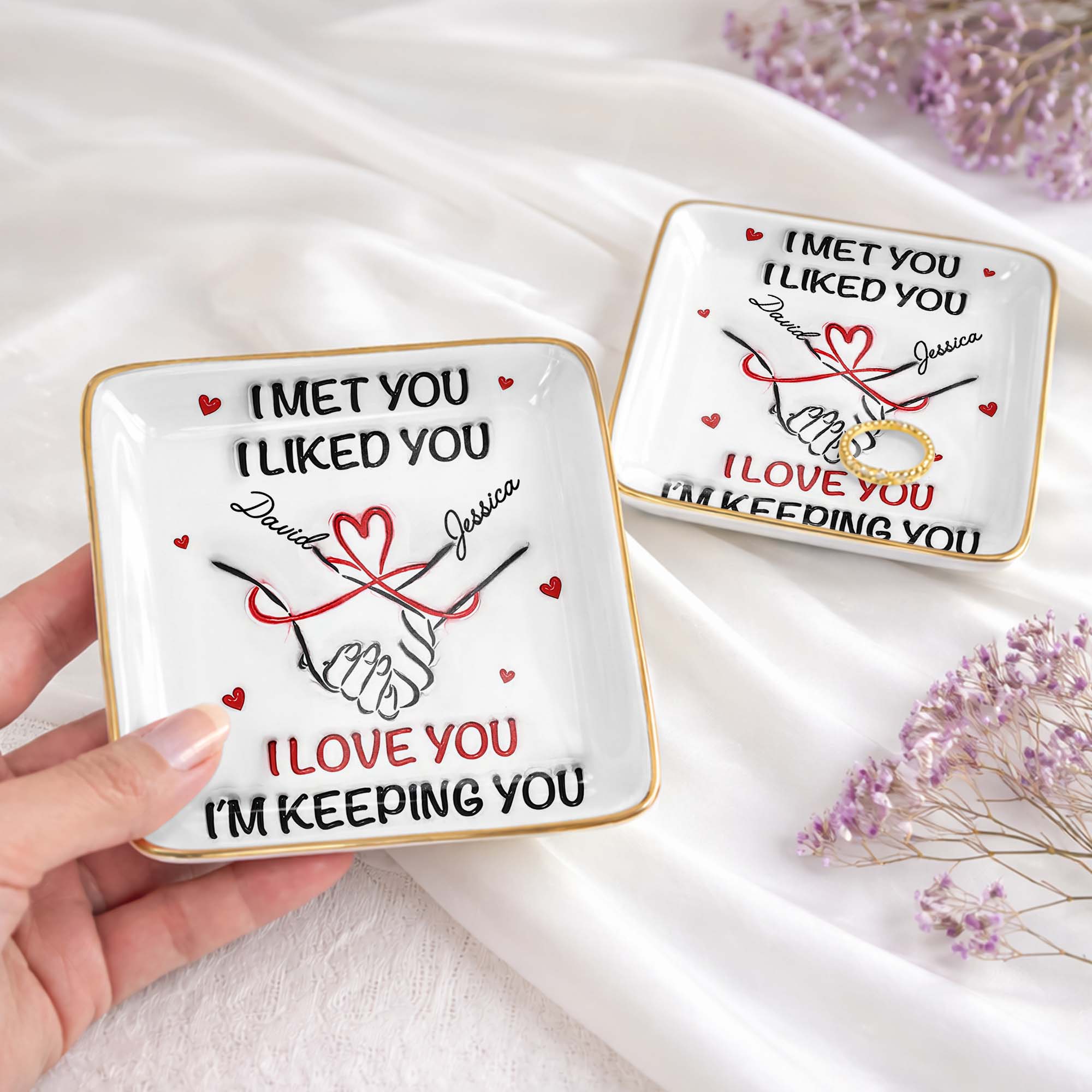 I Met You, I Liked You, Hearts, Hand Holding - Personalized Custom Jewelry Dish, Ceramic Dish, Square Shape - CPL1247_SCRF