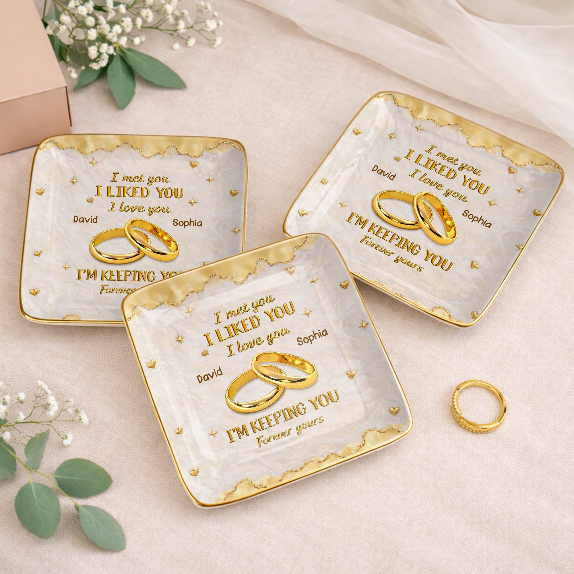 I Met You, I Liked You, I Love You, Wedding Rings And Hearts - Personalized Custom Jewelry Dish, Ceramic Dish, Square Shape - CPL1264_SCRF
