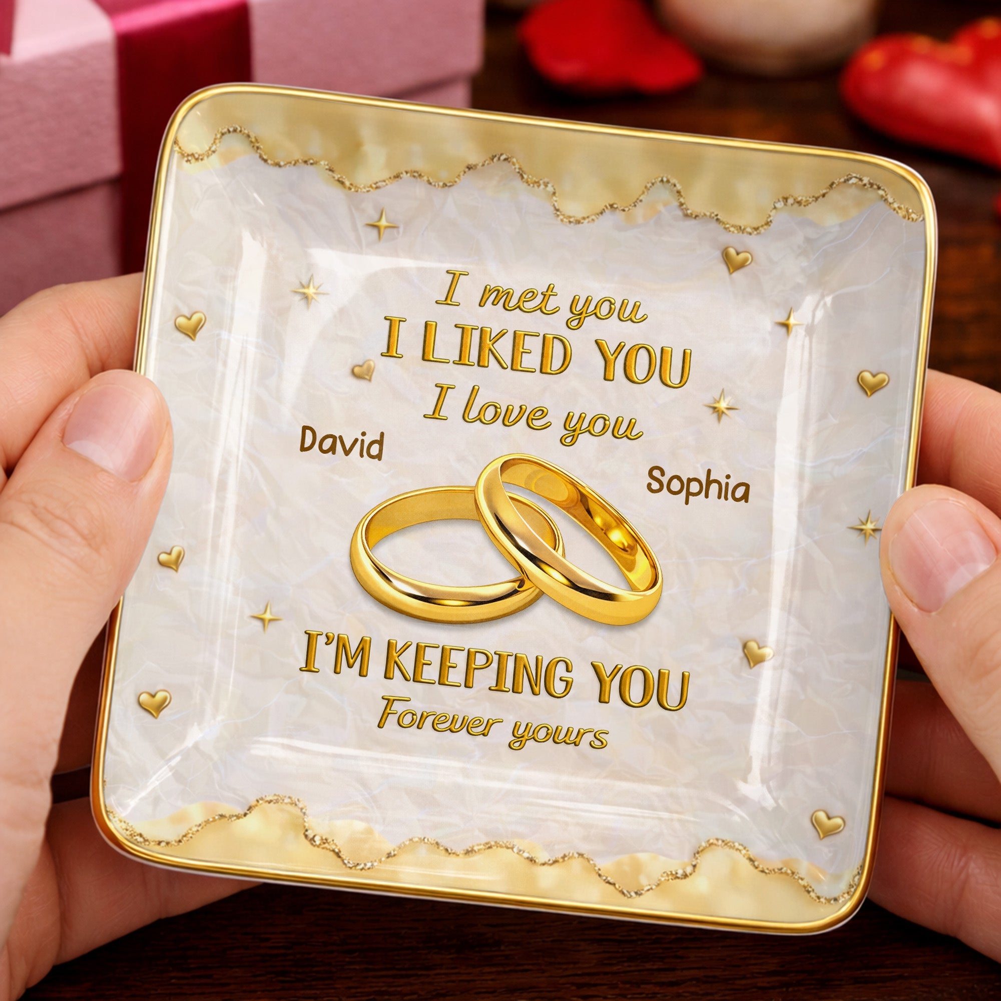 I Met You, I Liked You, I Love You, Wedding Rings And Hearts - Personalized Custom Jewelry Dish, Ceramic Dish, Square Shape - CPL1264_SCRF