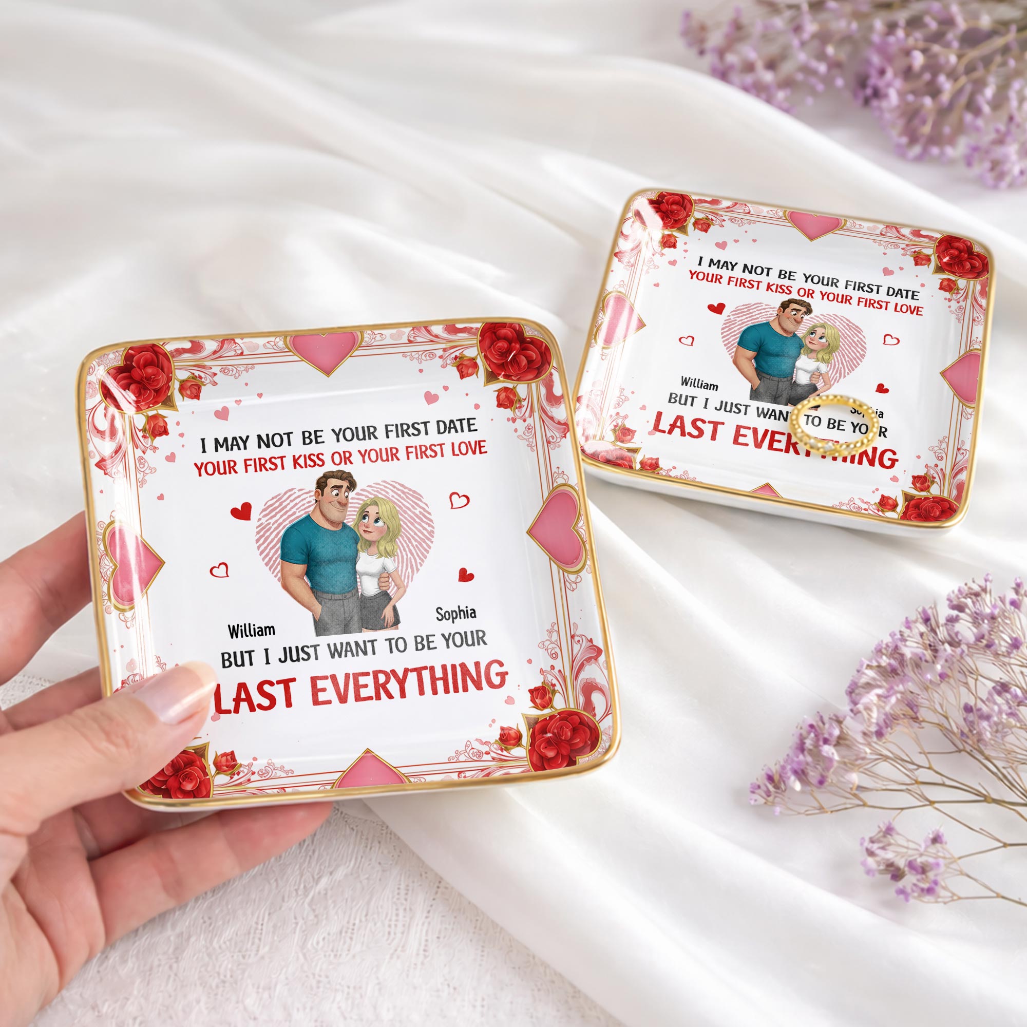 I May Not Be Your First Date But I Just Want To Be Your Last Everything, Hearts And Couple - Personalized Custom Jewelry Dish, Ceramic Dish, Square Shape - CPL1267_SCRF