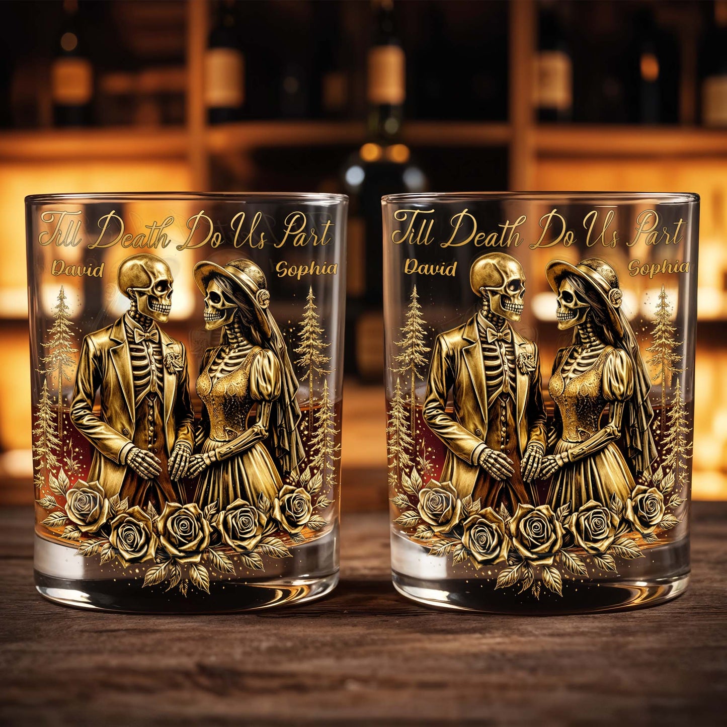 Till Death Do Us Part With Skeleton Couple And Roses - Personalized Custom Whiskey Glass - CPL1274_RWG