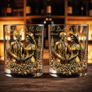Till Death Do Us Part With Skeleton Couple And Roses - Personalized Custom Whiskey Glass - CPL1274_RWG
