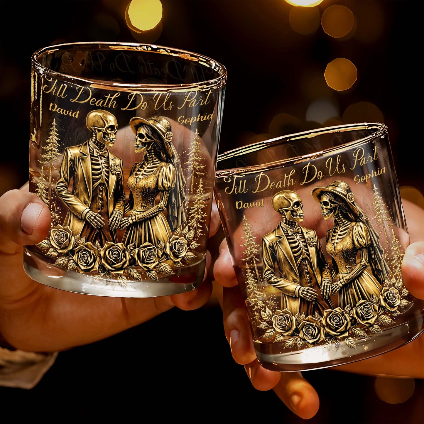 Till Death Do Us Part With Skeleton Couple And Roses - Personalized Custom Whiskey Glass - CPL1274_RWG