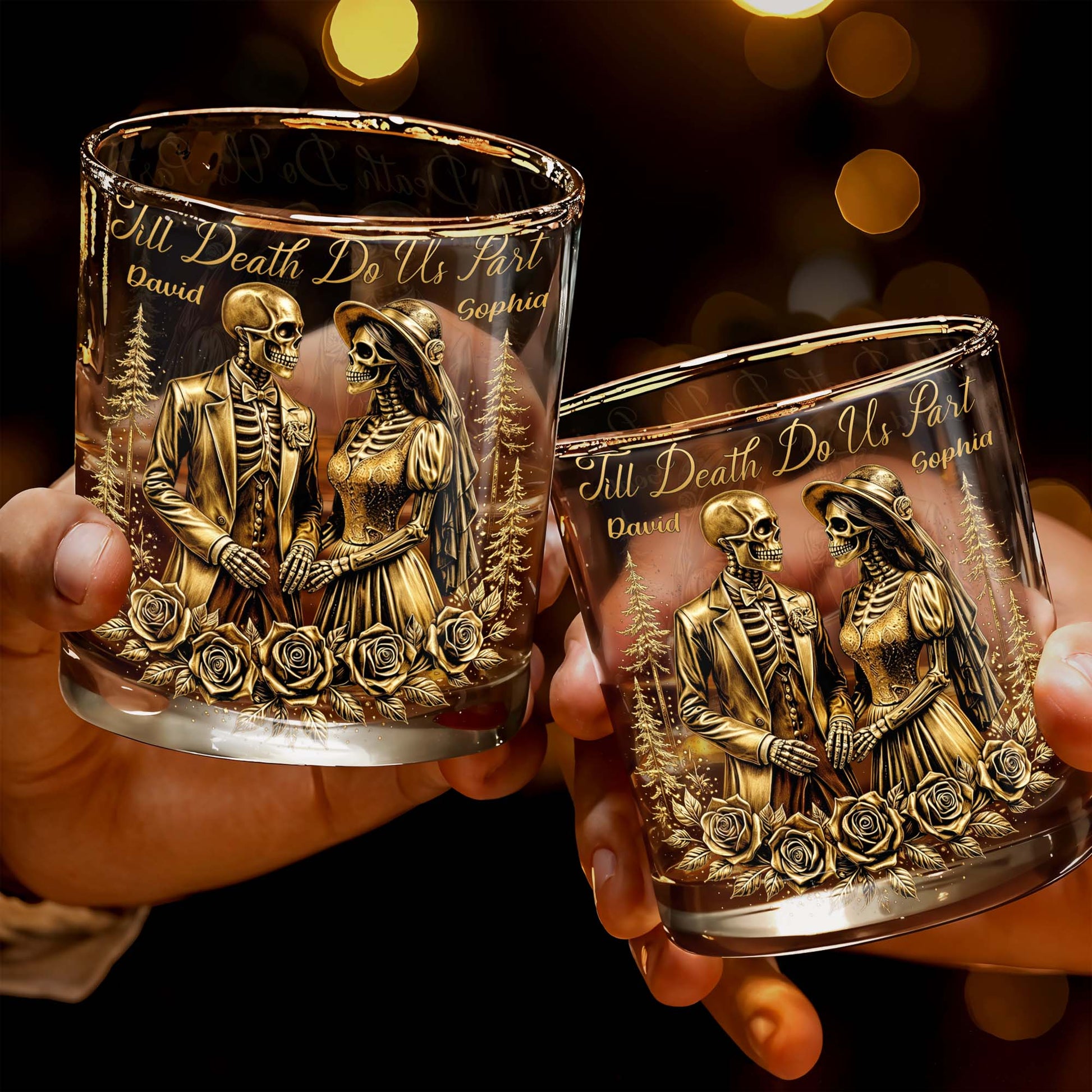 Till Death Do Us Part With Skeleton Couple And Roses - Personalized Custom Whiskey Glass - CPL1274_RWG