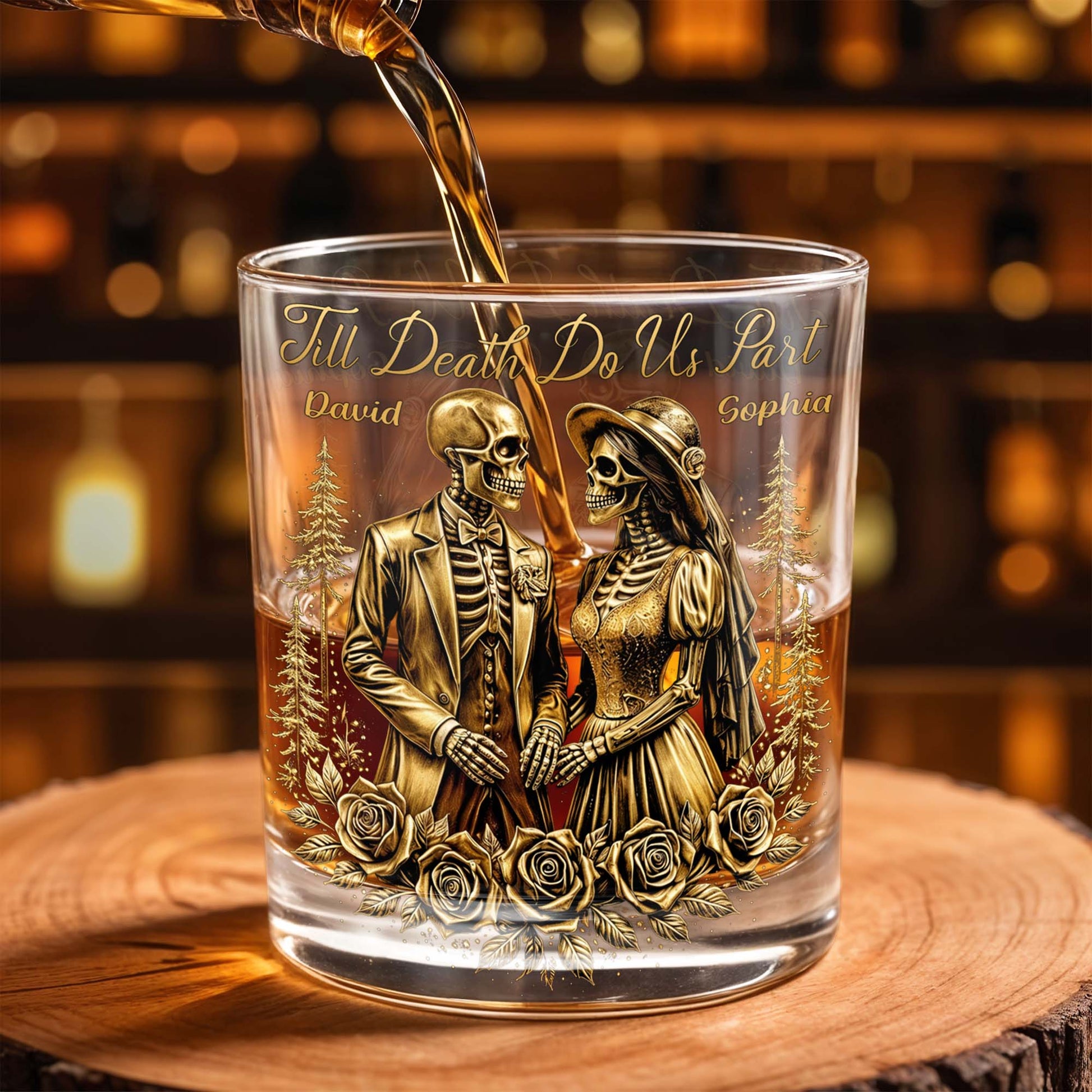 Till Death Do Us Part With Skeleton Couple And Roses - Personalized Custom Whiskey Glass - CPL1274_RWG