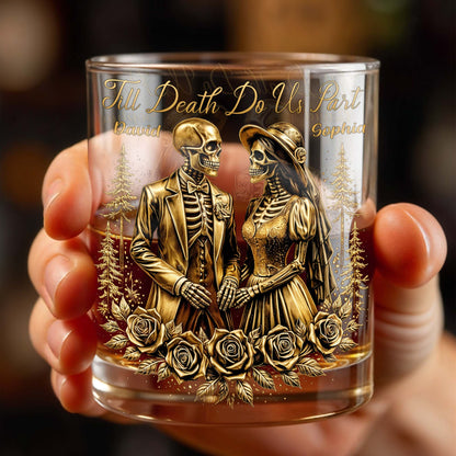 Till Death Do Us Part With Skeleton Couple And Roses - Personalized Custom Whiskey Glass - CPL1274_RWG