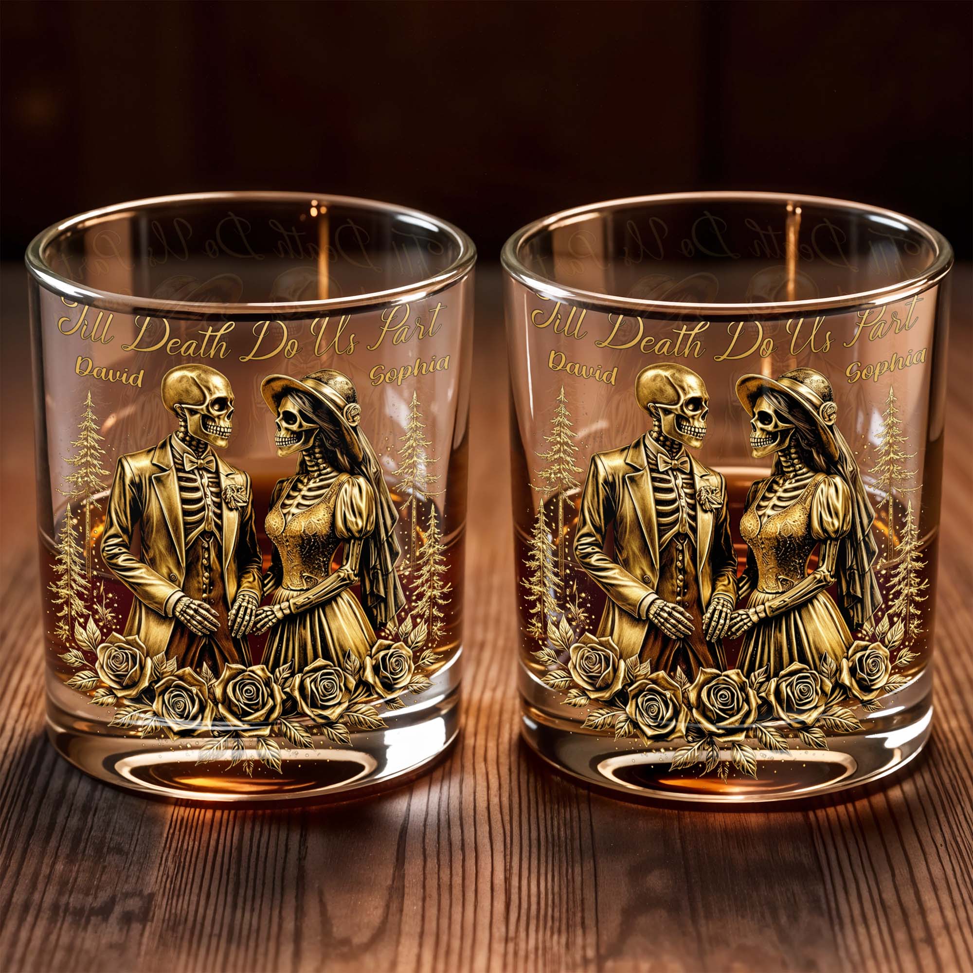 Till Death Do Us Part With Skeleton Couple And Roses - Personalized Custom Whiskey Glass - CPL1274_RWG