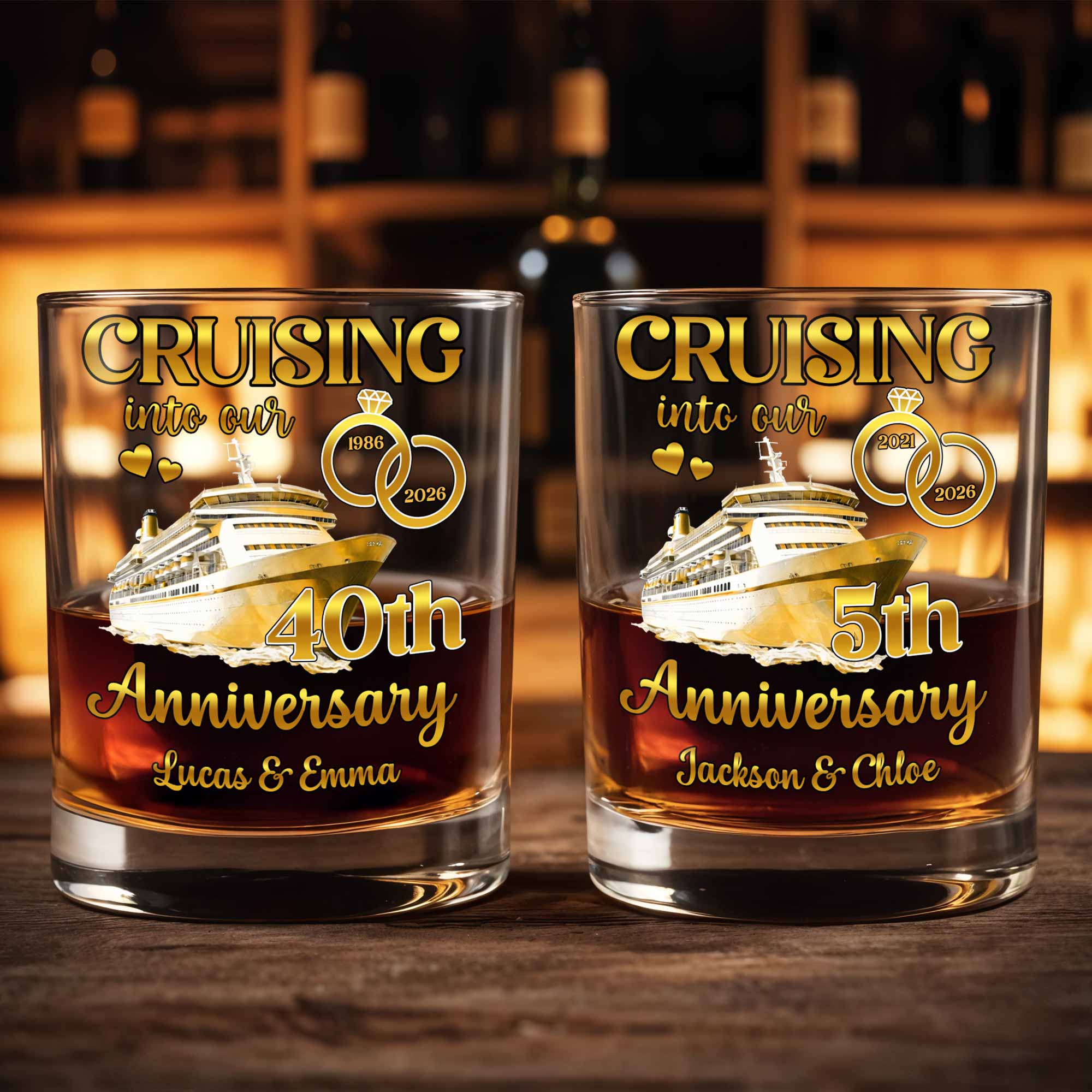 Cruising Into Our Anniversary With Cruise Ship And Wedding Rings - Personalized Custom Whiskey Glass - CPL1283_RWG