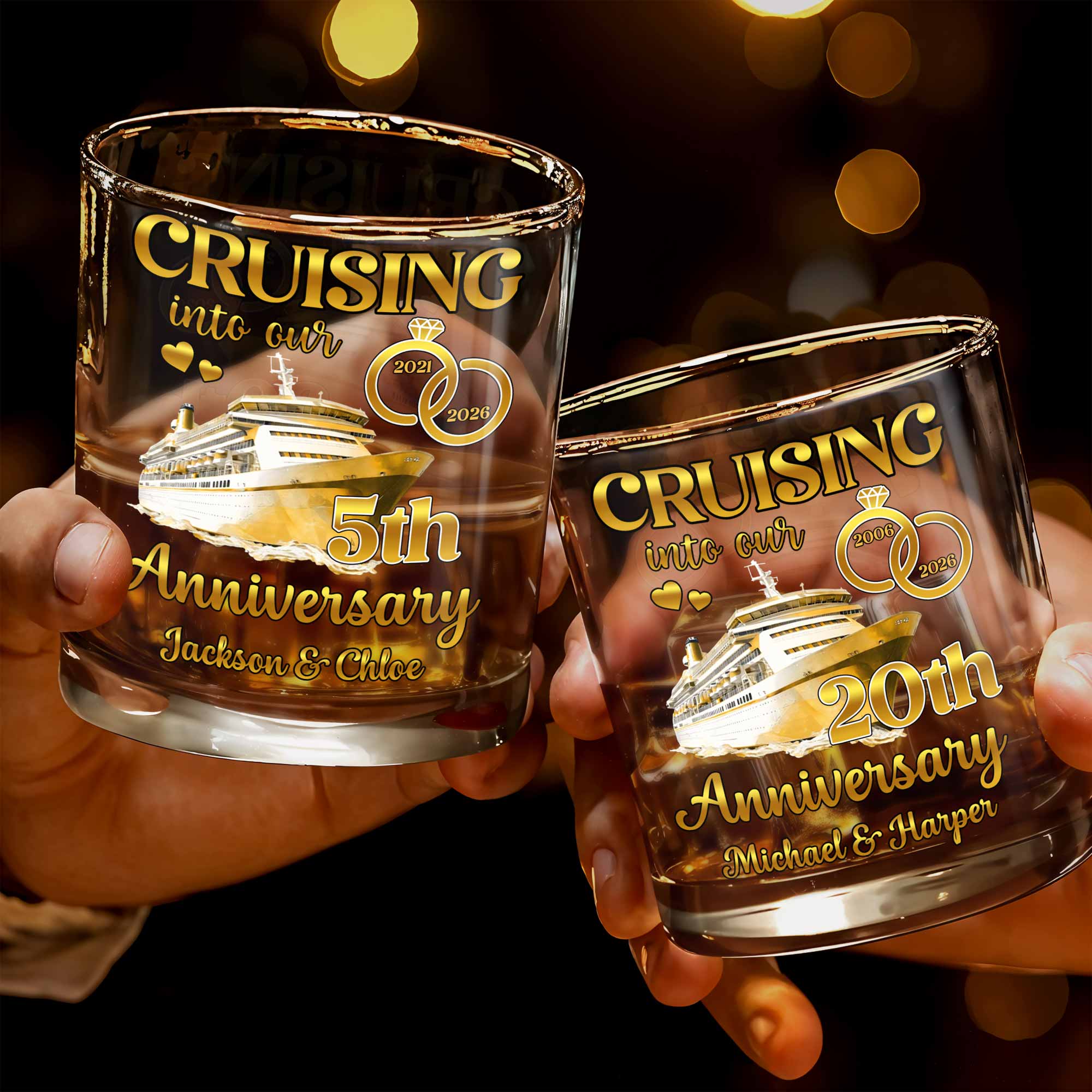 Cruising Into Our Anniversary With Cruise Ship And Wedding Rings - Personalized Custom Whiskey Glass - CPL1283_RWG