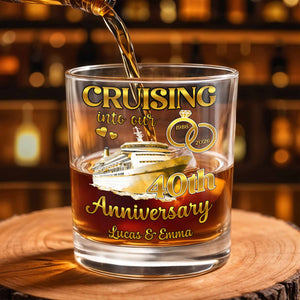 Cruising Into Our Anniversary With Cruise Ship And Wedding Rings - Personalized Custom Whiskey Glass - CPL1283_RWG