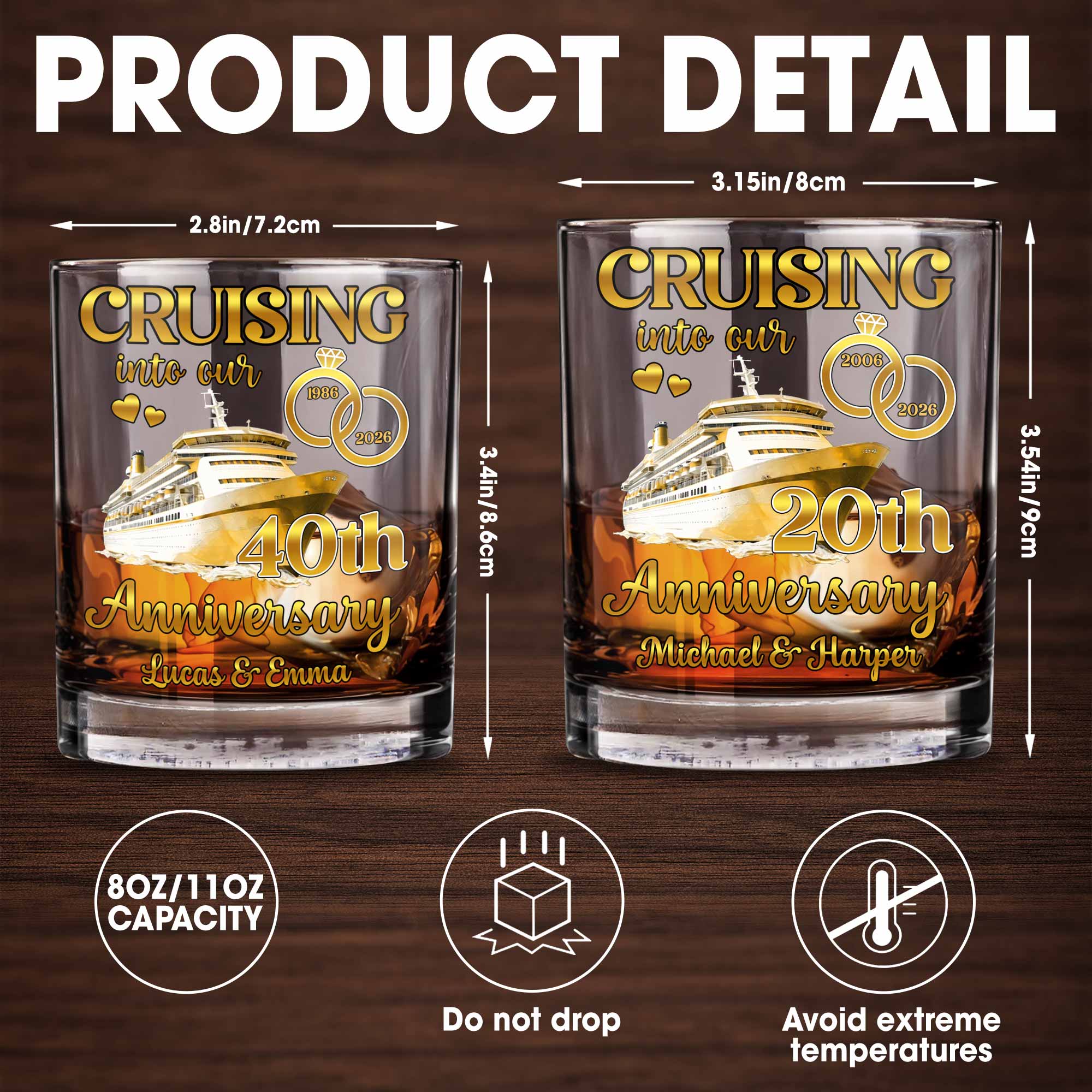 Cruising Into Our Anniversary With Cruise Ship And Wedding Rings - Personalized Custom Whiskey Glass - CPL1283_RWG