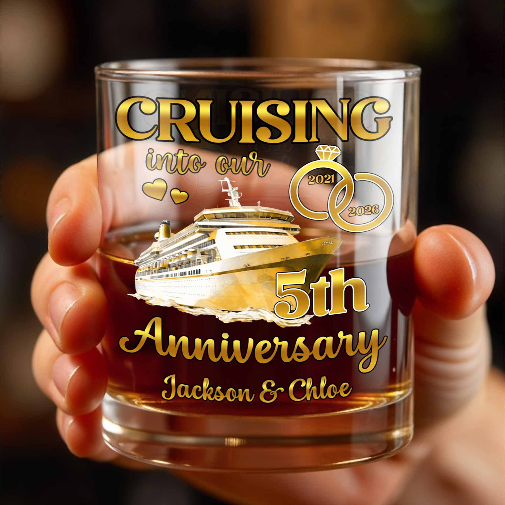 Cruising Into Our Anniversary With Cruise Ship And Wedding Rings - Personalized Custom Whiskey Glass - CPL1283_RWG