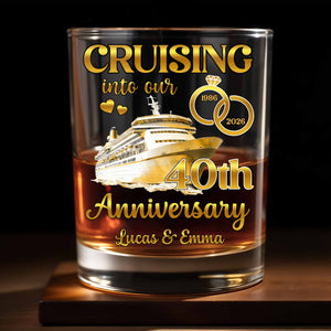 Cruising Into Our Anniversary With Cruise Ship And Wedding Rings - Personalized Custom Whiskey Glass - CPL1283_RWG