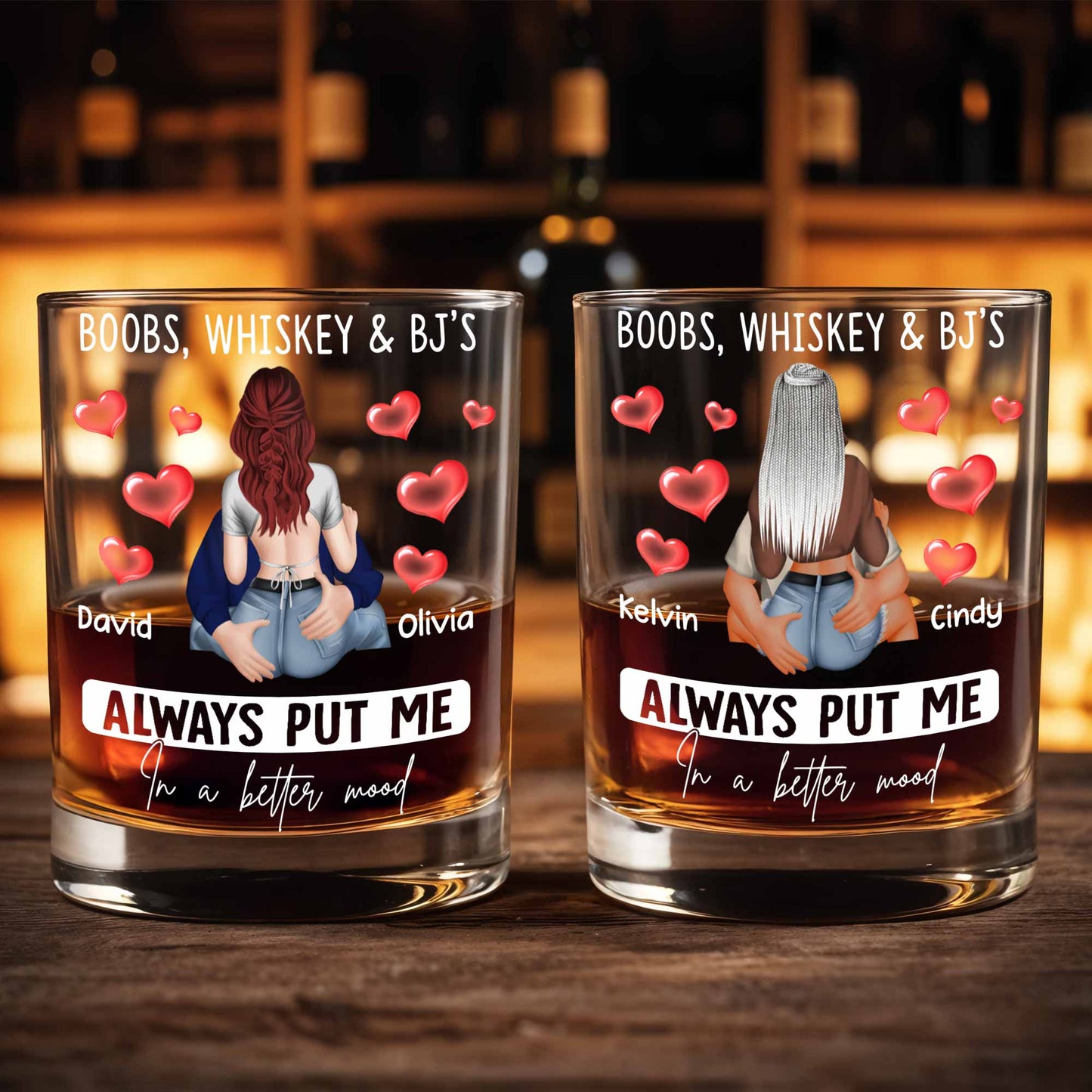 Always Put Me In A Better Mood, Hearts, Romantic Couple - Personalized Custom Whiskey Glass - CPL1288_RWG