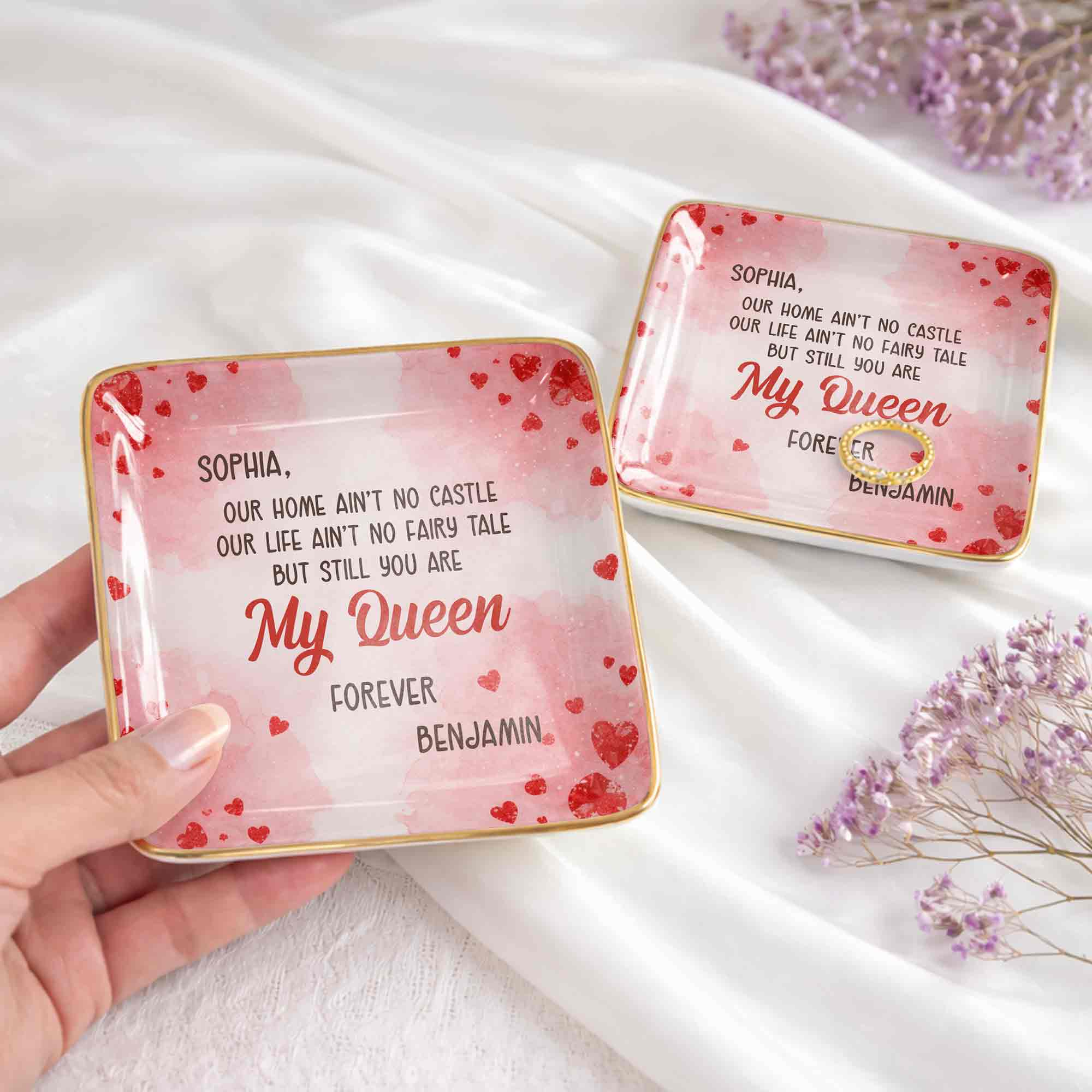 Our Home Ain't No Castle Still You Are My Queen Forever Hearts - Personalized Custom Jewelry Dish, Ceramic Dish, Square Shape - CPL1292_SCRF