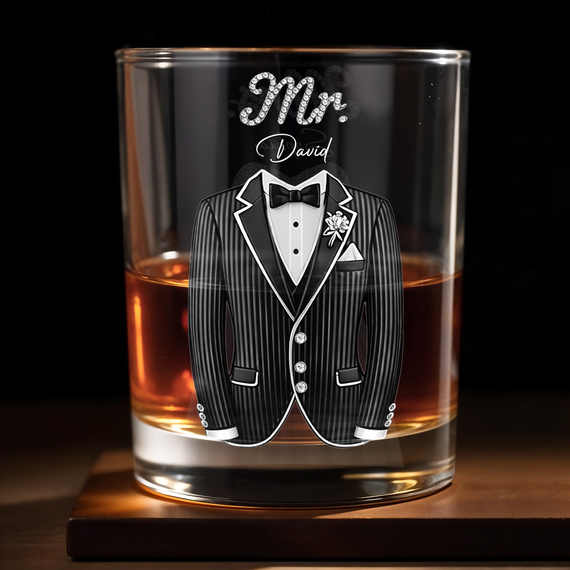 Celebrate In Style With Sophisticated Tuxedo Design - Personalized Custom Whiskey Glass - CPL1296_RWG