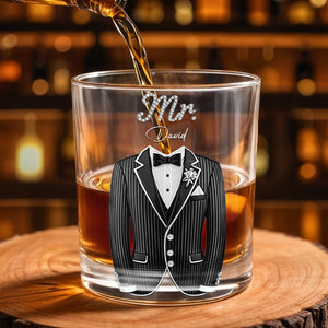 Celebrate In Style With Sophisticated Tuxedo Design - Personalized Custom Whiskey Glass - CPL1296_RWG