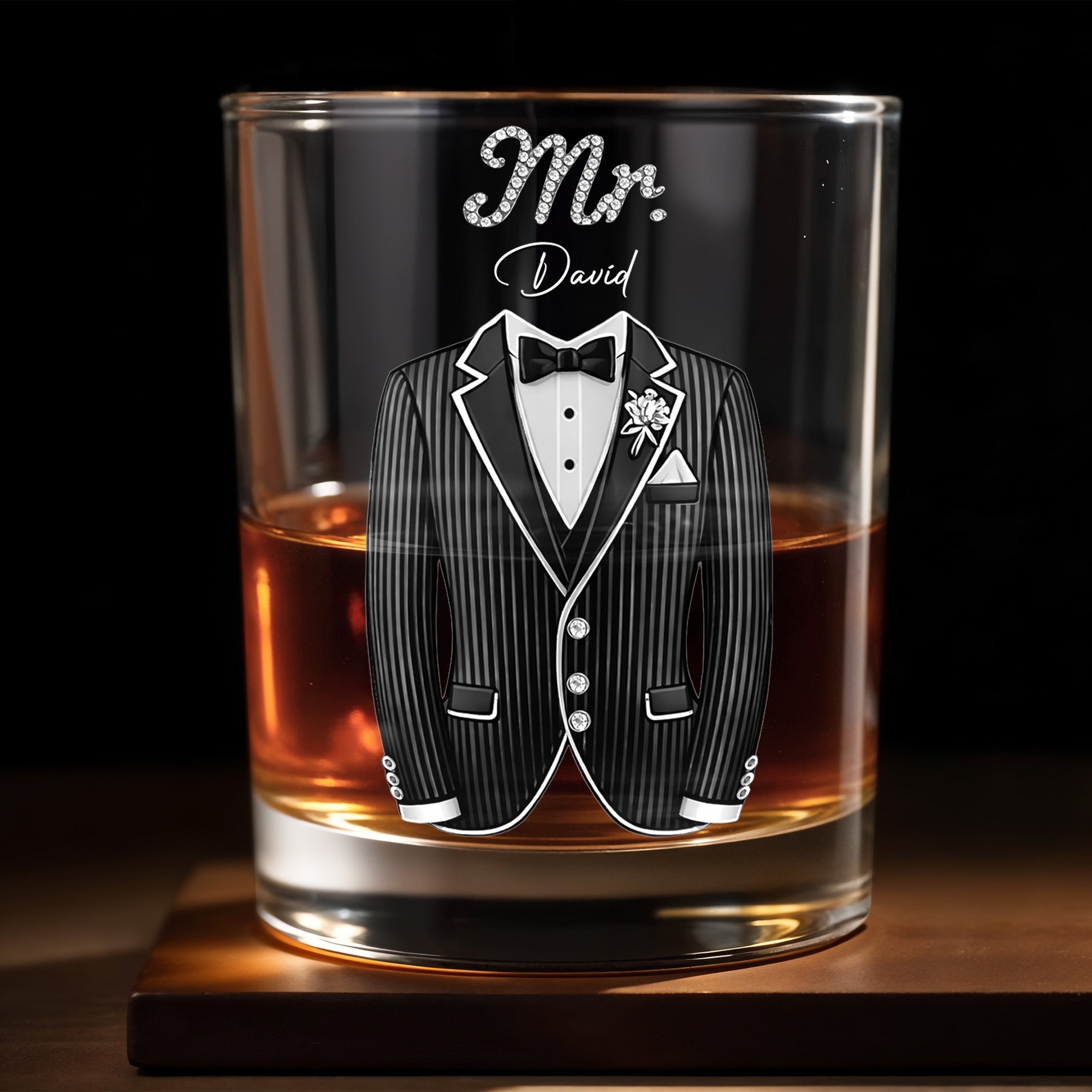 Celebrate In Style With Sophisticated Tuxedo Design - Personalized Custom Whiskey Glass - CPL1296_RWG