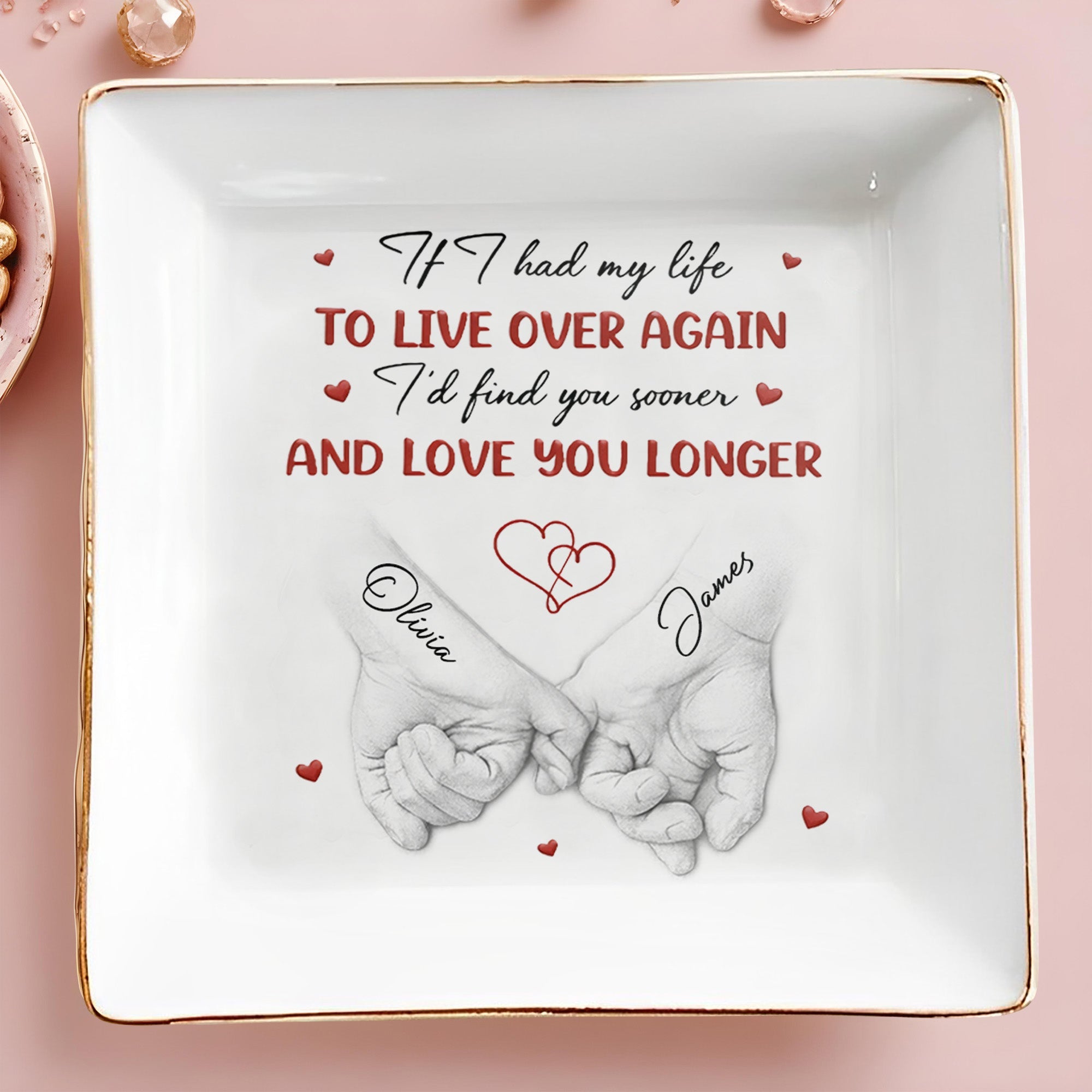 If I Had My Life To Live Over Again Holding Hands Hearts - Personalized Custom Jewelry Dish, Square Ceramic Dish - CPL1296_SCRD