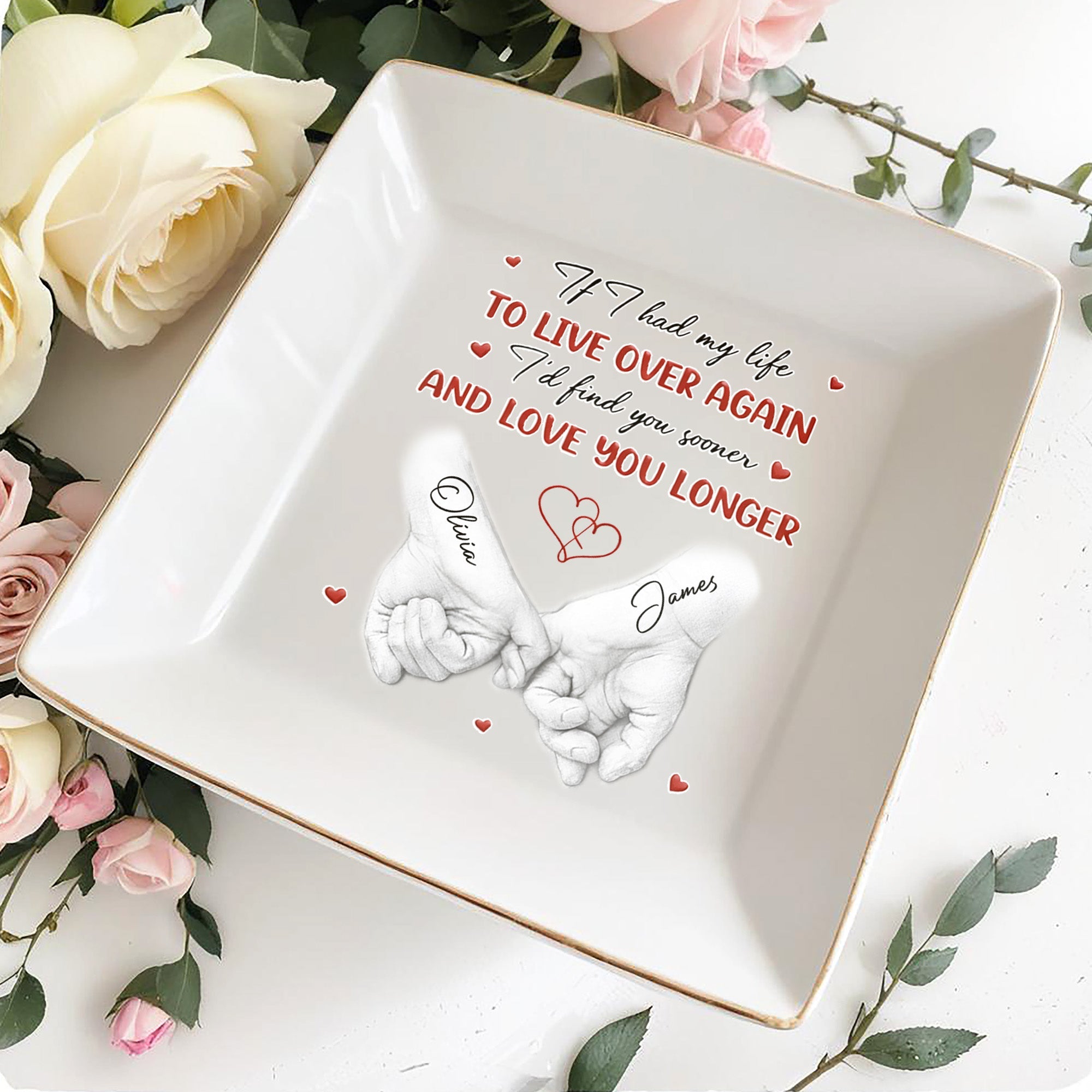 If I Had My Life To Live Over Again Holding Hands Hearts - Personalized Custom Jewelry Dish, Square Ceramic Dish - CPL1296_SCRD