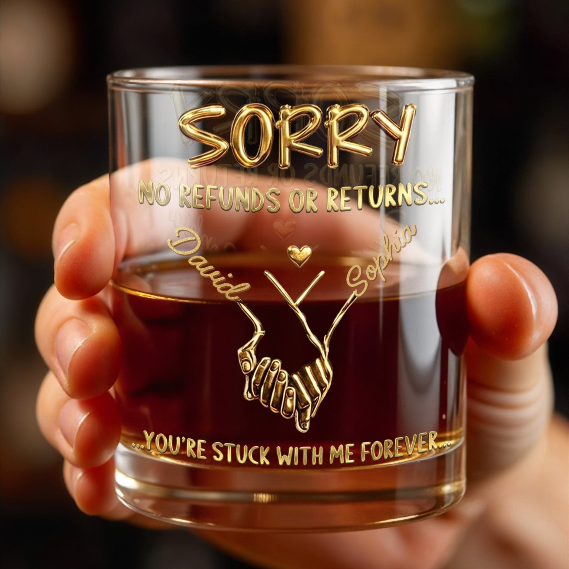 Sorry No Refunds Or Returns You're Stuck With Me Forever Handshake - Personalized Custom Whiskey Glass - CPL1326_RWG