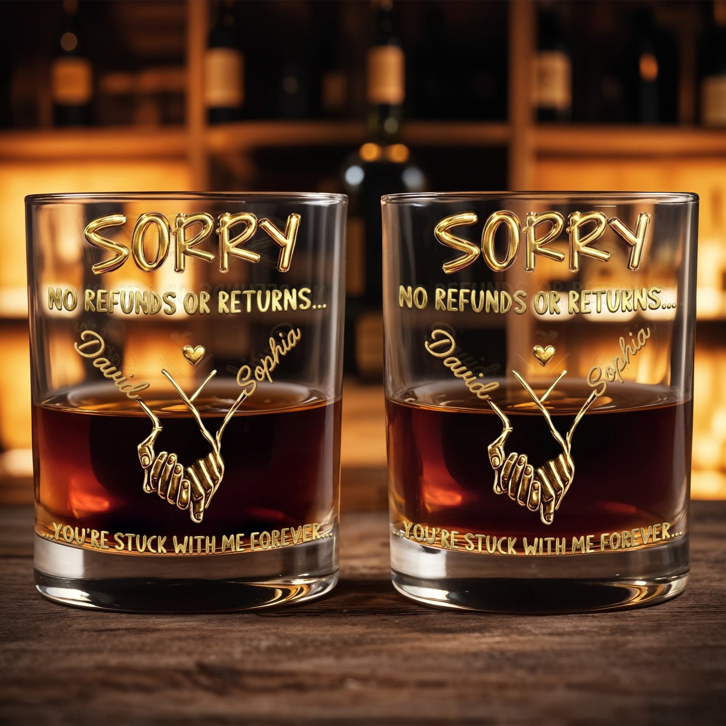 Sorry No Refunds Or Returns You're Stuck With Me Forever Handshake - Personalized Custom Whiskey Glass - CPL1326_RWG